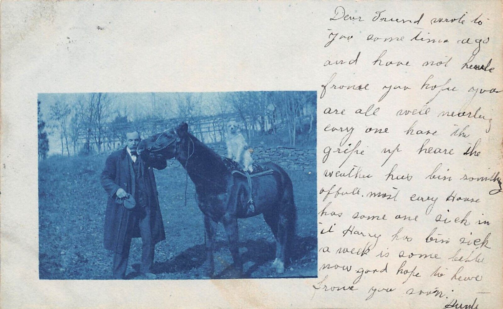 Marlboro NY Man with Cute Dog Riding Horse UDB 1907 Cyanotype Photo Postcard