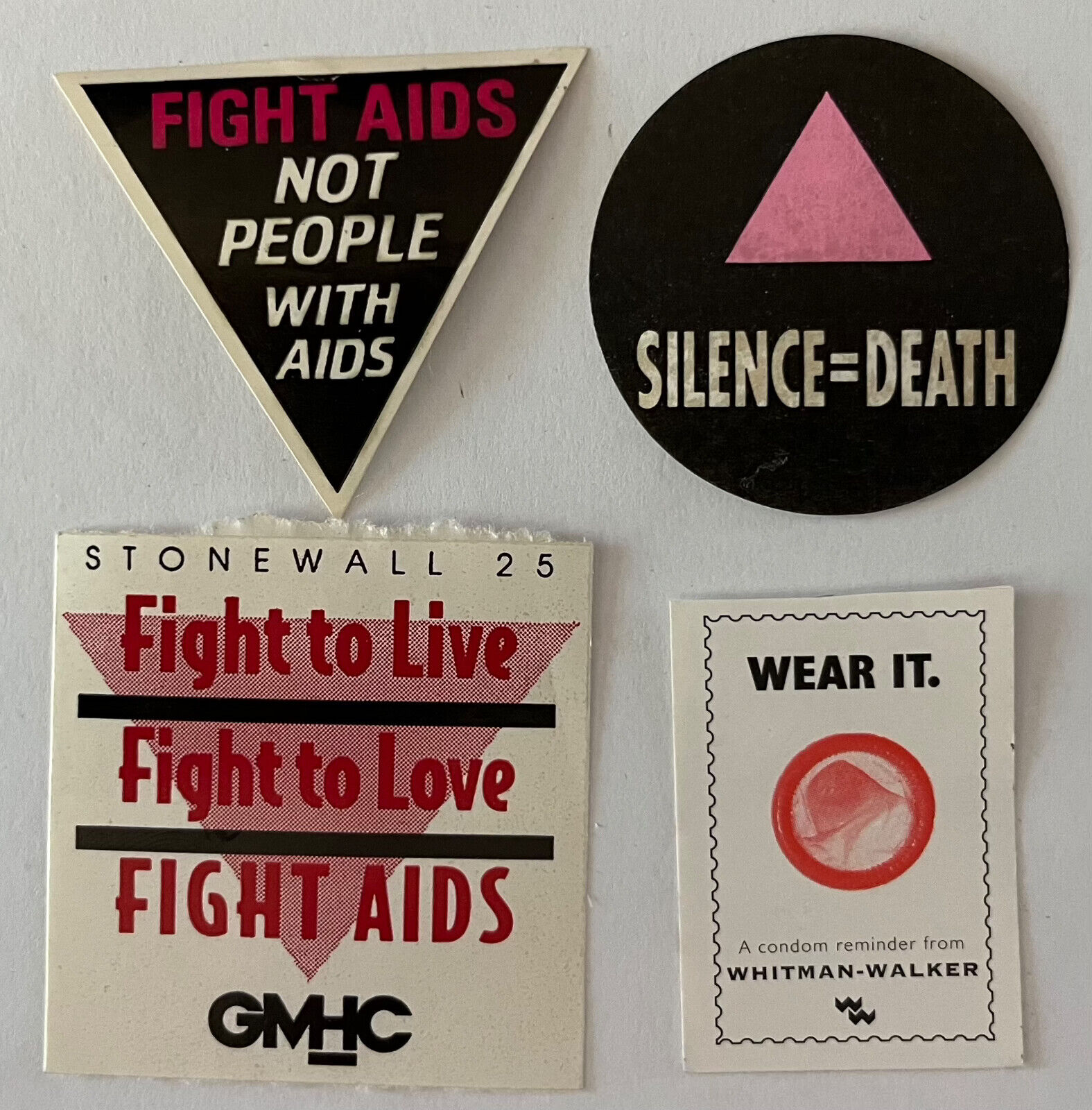 Fight AIDS stickers ACT UP GMHC Whitman-Walker gay lesbian Stonewall 25 cause