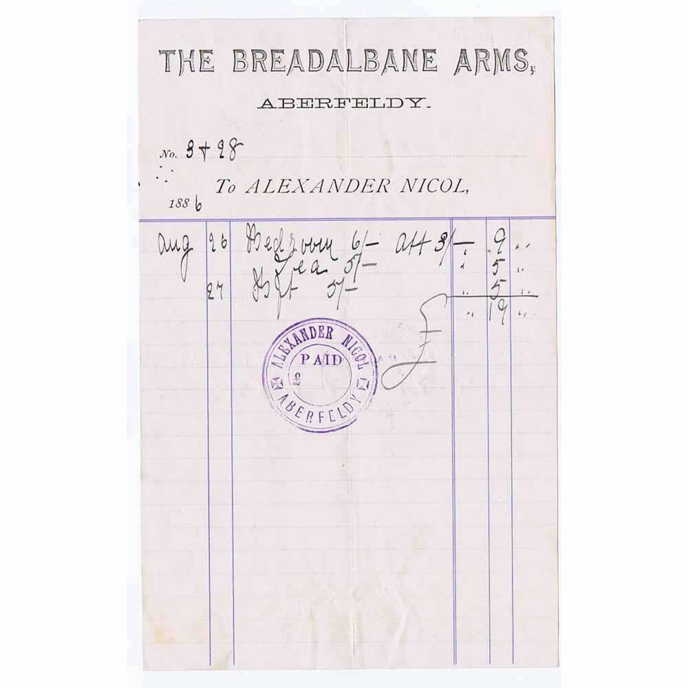 1886 Billhead, The Breadalbane Arms Hotel in ABERFELDY Owned by Alexander Nicol