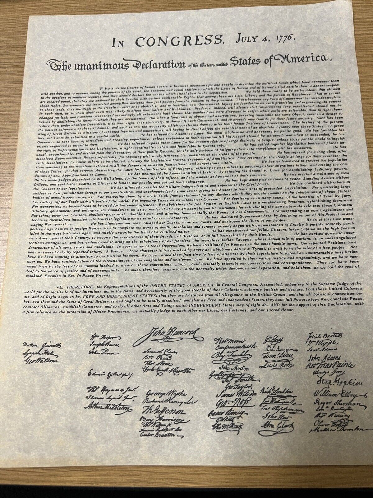 US Declaration of Independence Historical Document on Antiqued Parchment Paper