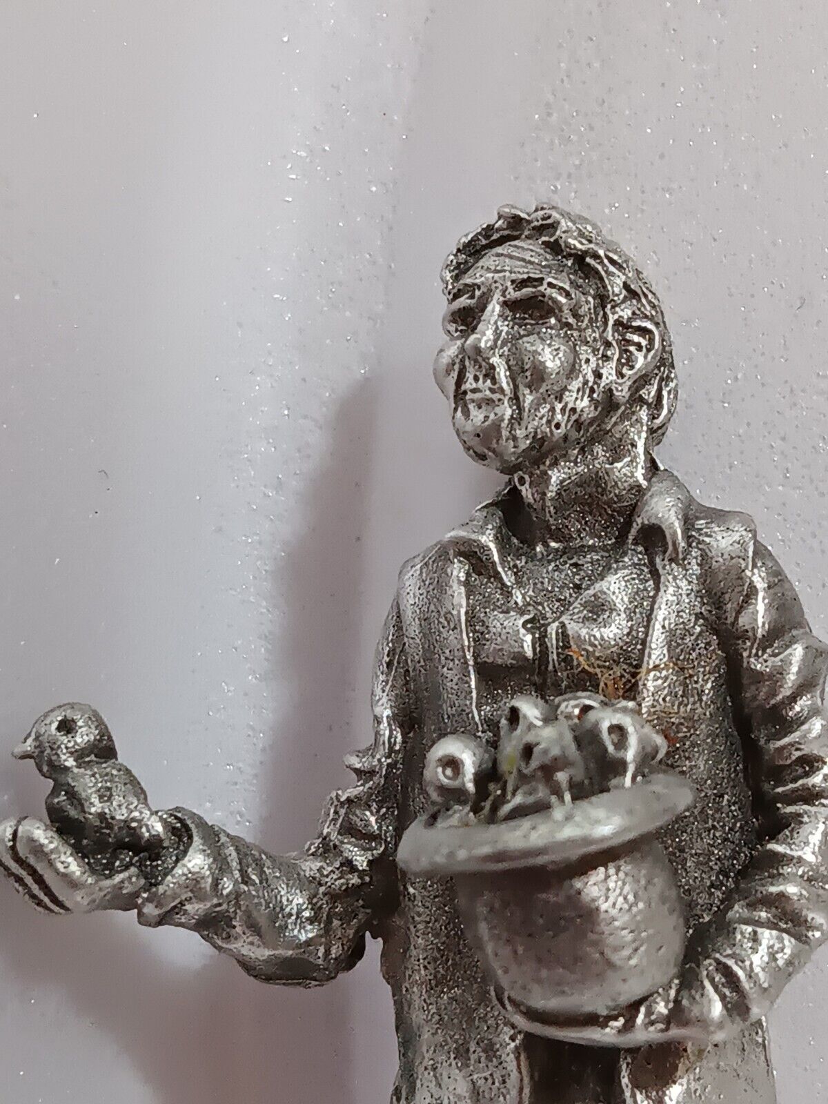 Small Pewter Figurine: Boy With Bird-In-Hand - Selling Birds In Basket- Rare