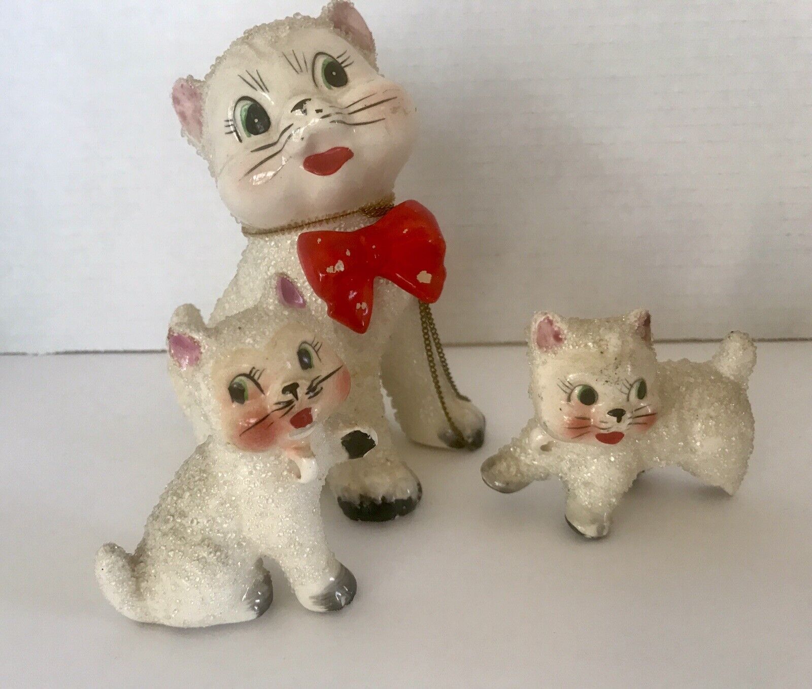 VTG 50s SUGARED Anthropomorphic Cat Family Bowtie Kittens Chained Set-Japan-RARE
