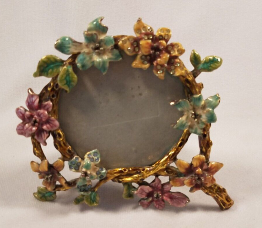 Mini Photo Picture Frame Jeweled Enamel Flowers Gold Branch Fits 3x3” Photo.