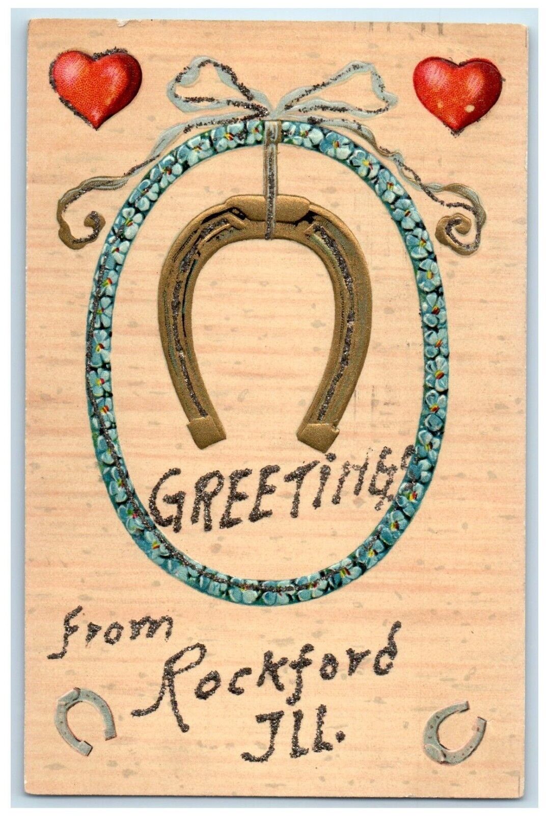 1911 Greetings From Rockford Illinois Embossed Glitter Horseshoe Posted Postcard