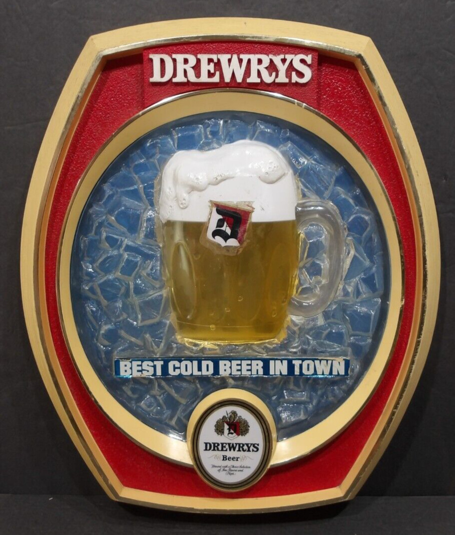 Vtg. 3D Drewrys Beer Mug & Ice Plastic Sign \