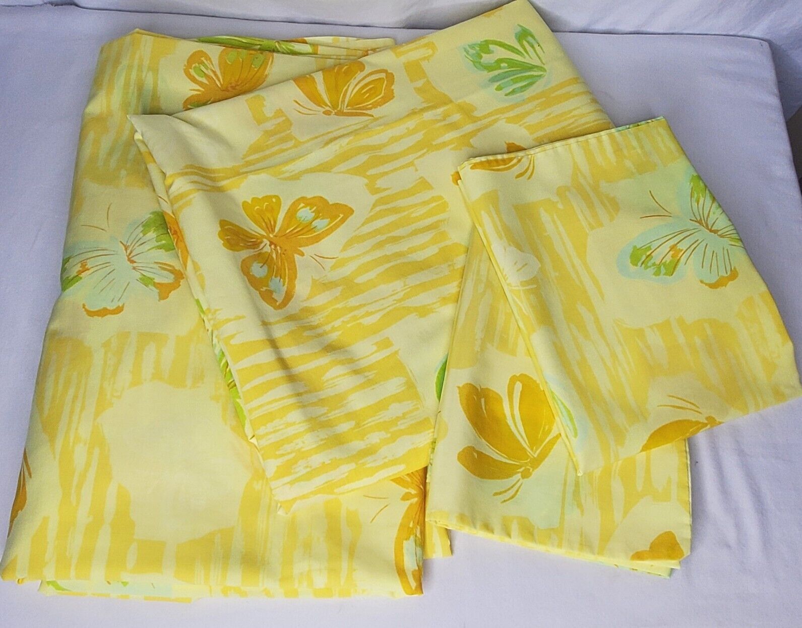 Vtg Pequot Double Sheet Set Yellow Butterflies Flowers Full Fitted Pillow Cases 