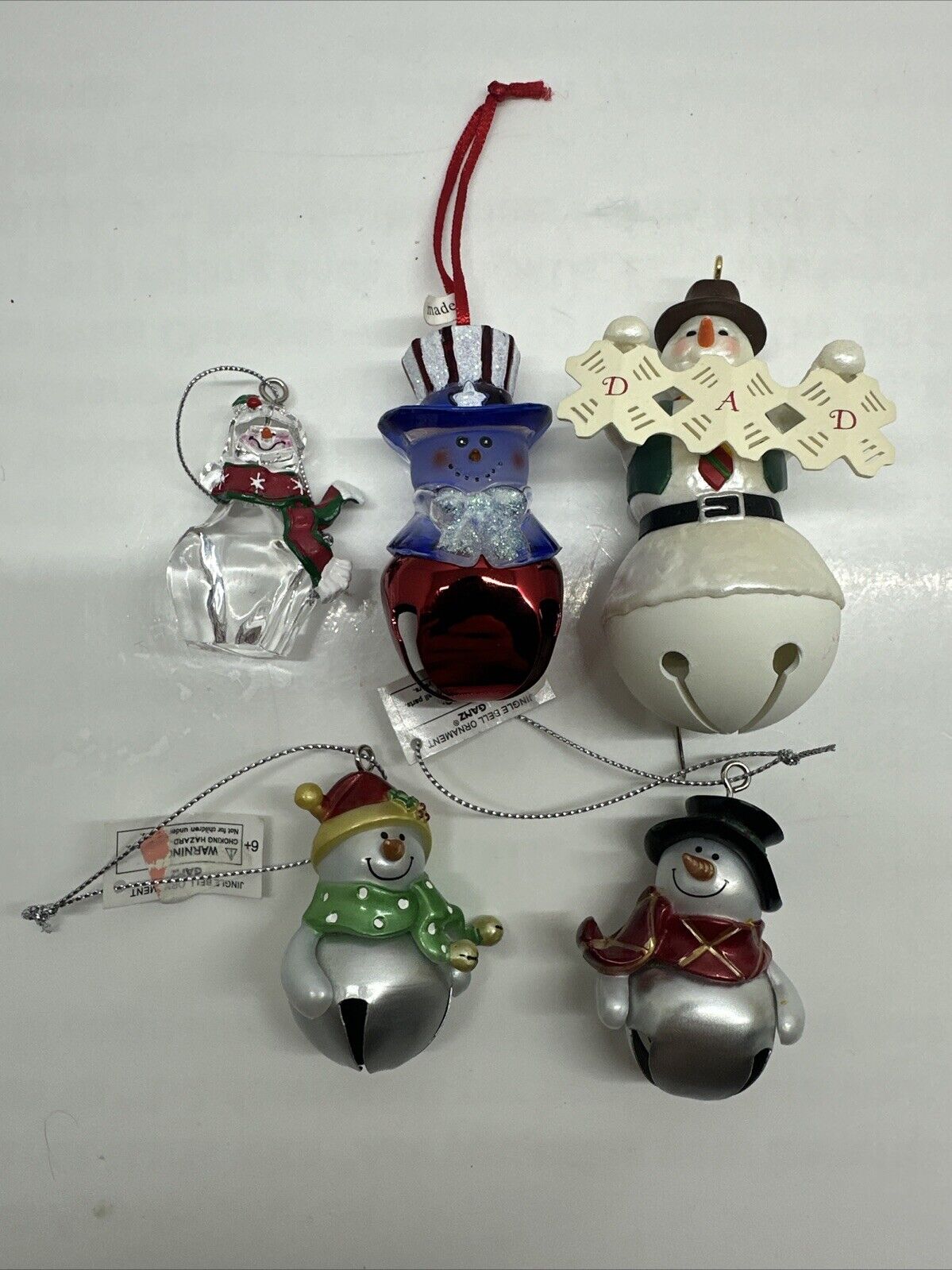 Jingle Bell Snowman 2”-3.5” Christmas Tree Ornament Lot Of 5
