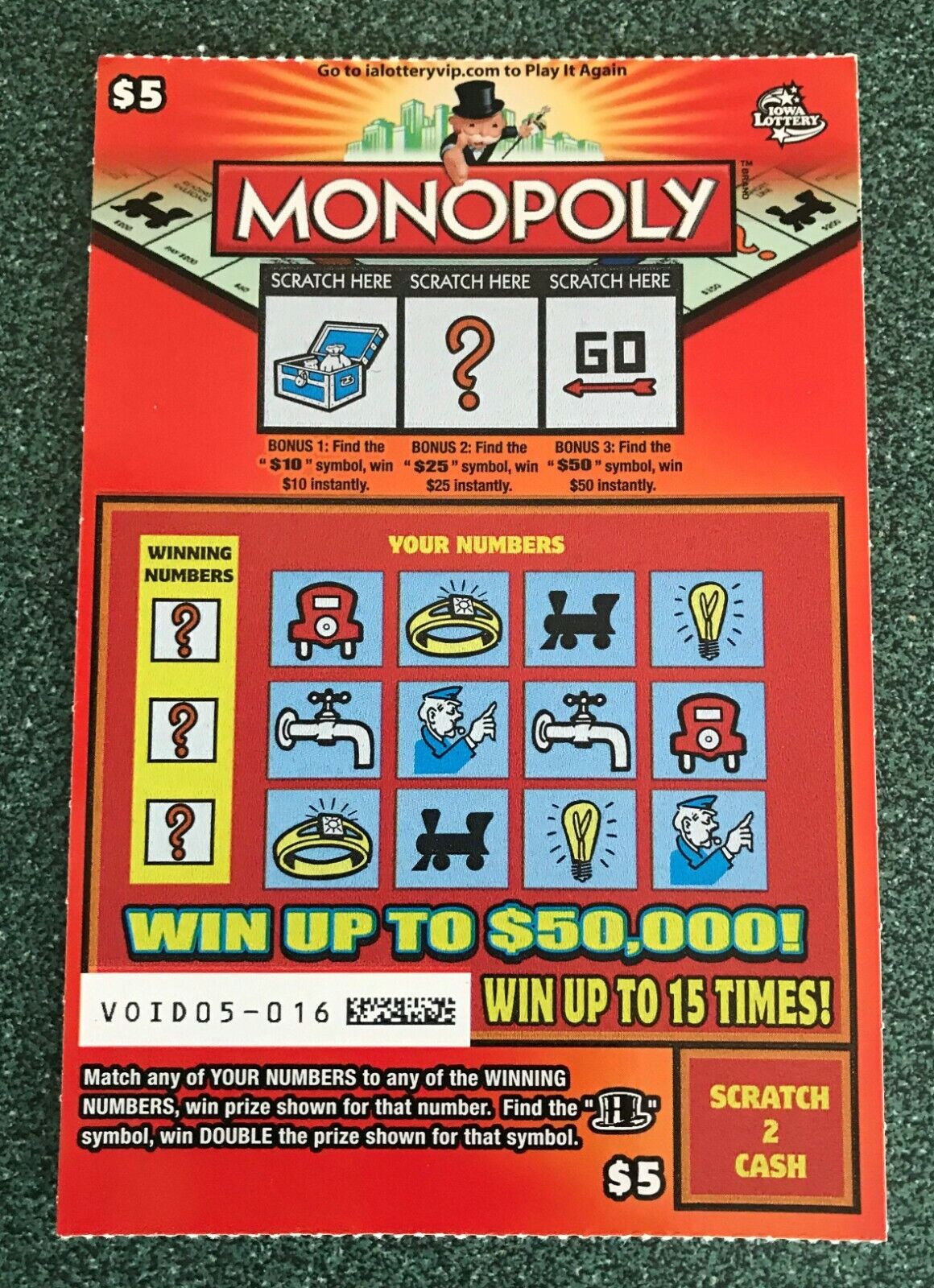 Monopoly Iowa Instant SV Lottery Ticket 