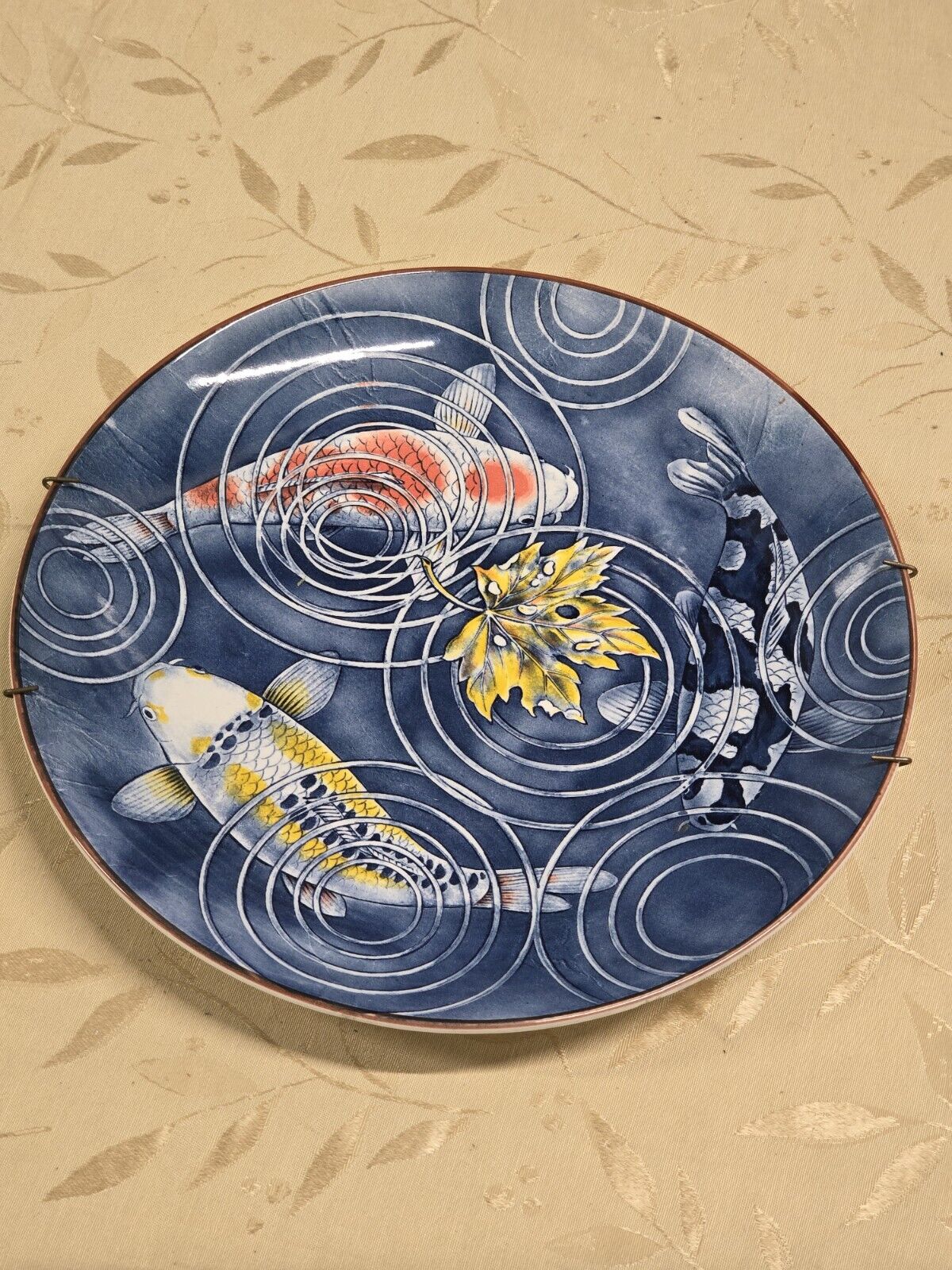 Vintage Japanese Porcelain Koi Fish Charger Plate Deep Blue w/orange, yellow Koi