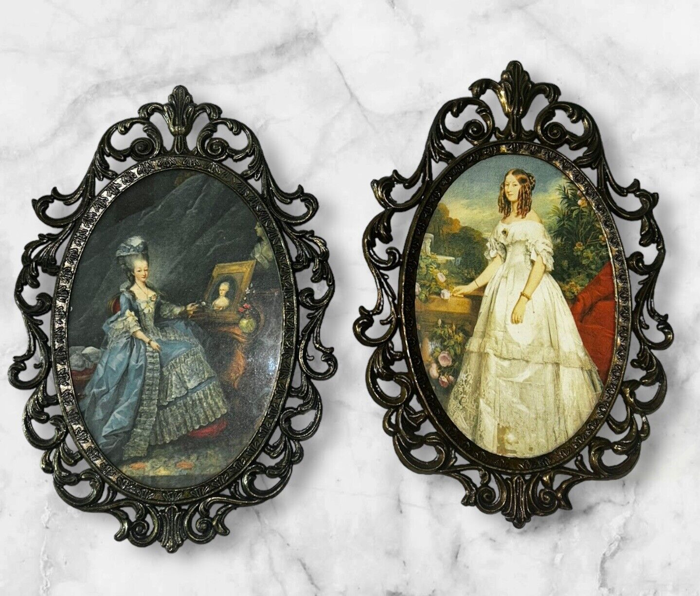 VTG Ornate Italian Frames Brass Oval Wall Victorian Women Art Baroque Set Of 2