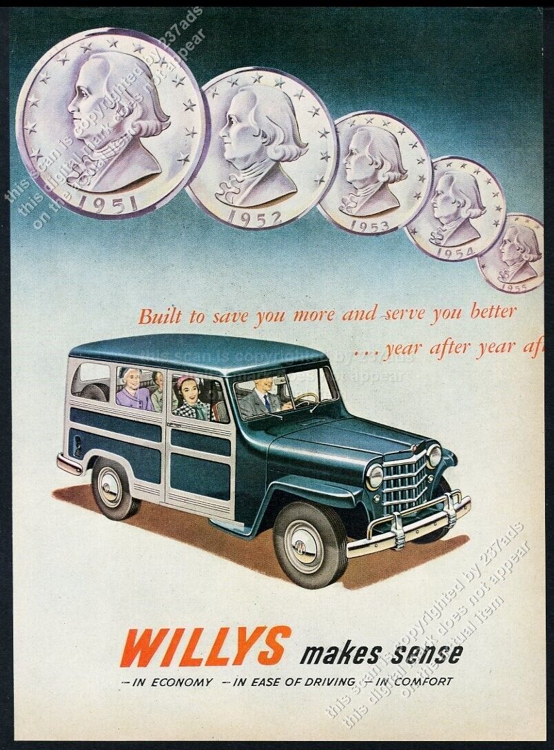 1951 Willys Jeep Station Wagon SUV and coins art vintage print ad