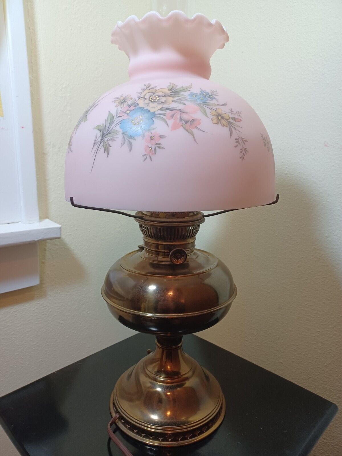Brass B&H Parlor Converted Oil Lamp 10\'\' Pink Floral Shade holder Mt Washington?