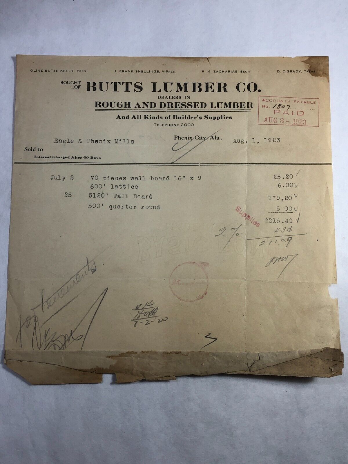 Phenix City, AL Butts Lumber Co. 1923 Invoice