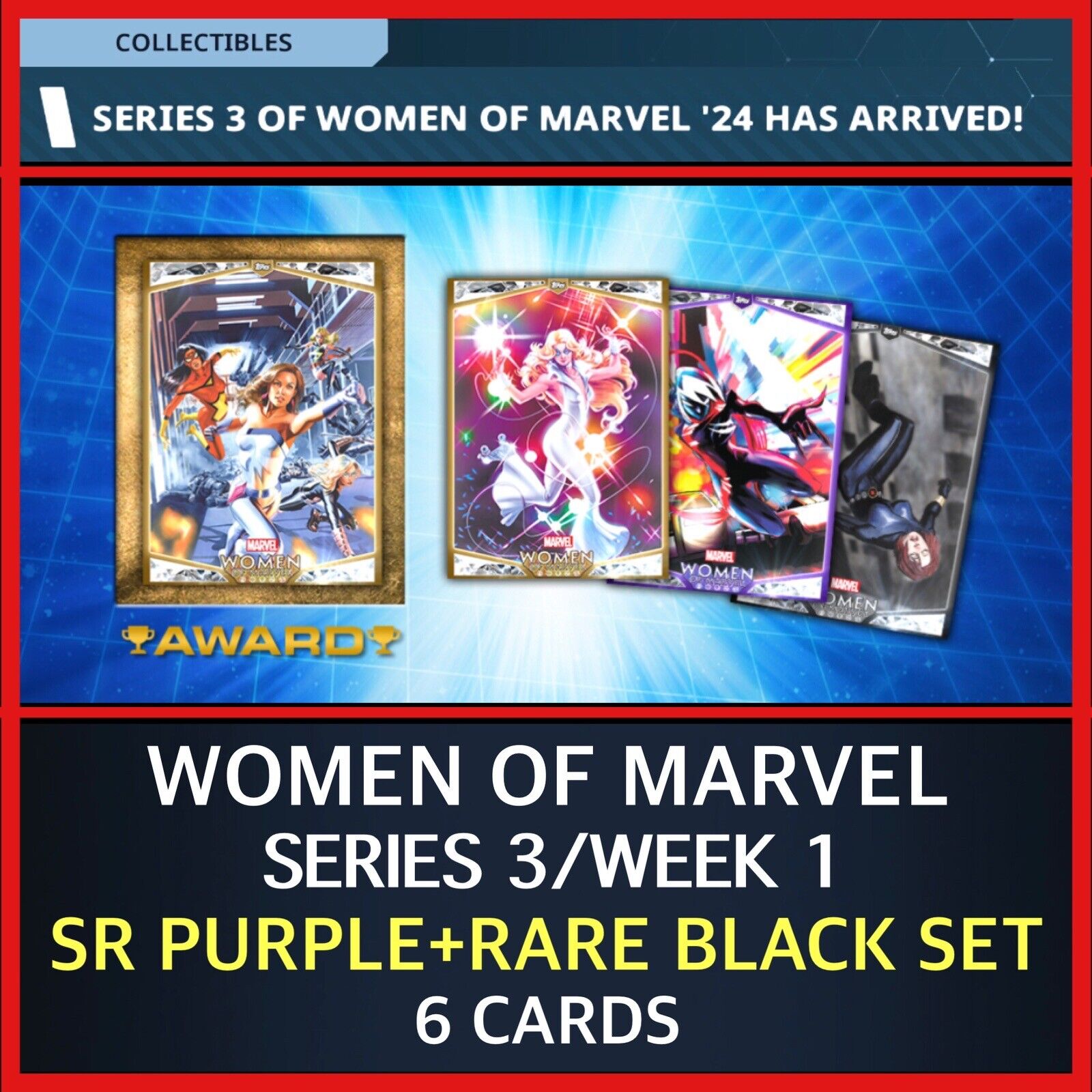 WOMEN OF MARVEL ‘24-SERIES 3/DROP 1 PURPLE+BLACK 6 CARDS-TOPPS MARVEL COLLECT