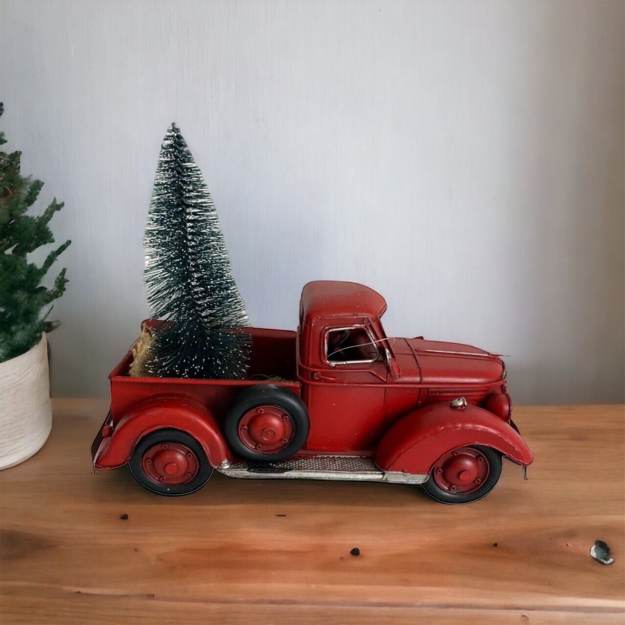 Red Metal Merry Christmas Truck Holiday Red Decor Green Tree Farmhouse NEW