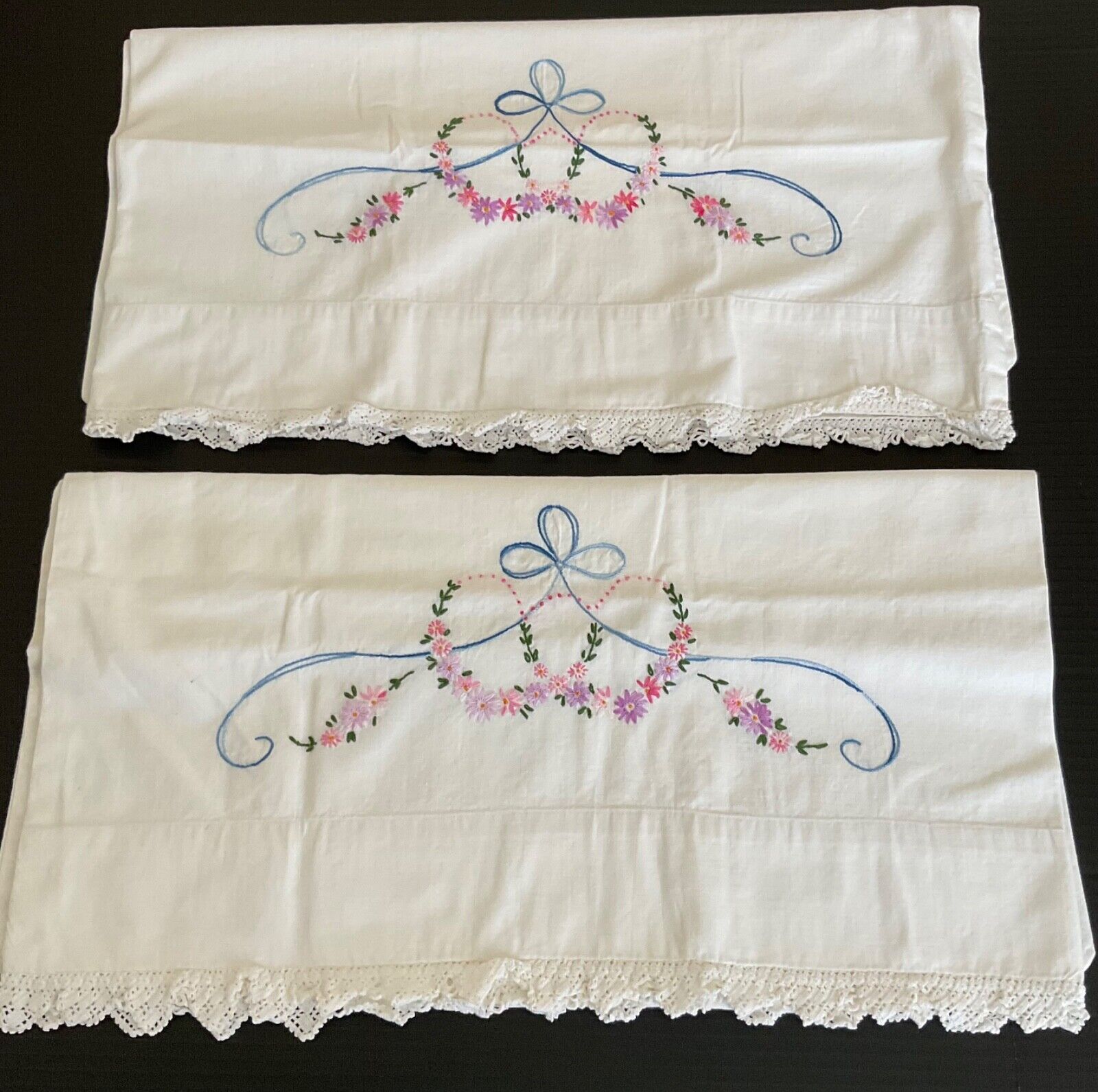 Vintage pair of  Pillow Cases w/ Pink -Blue *Embroidered Floral Swag & Blue Bow.
