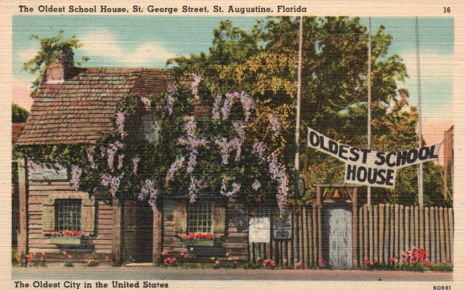 Postcard FL St Augustine Oldest School House St George Linen Vintage PC a7612