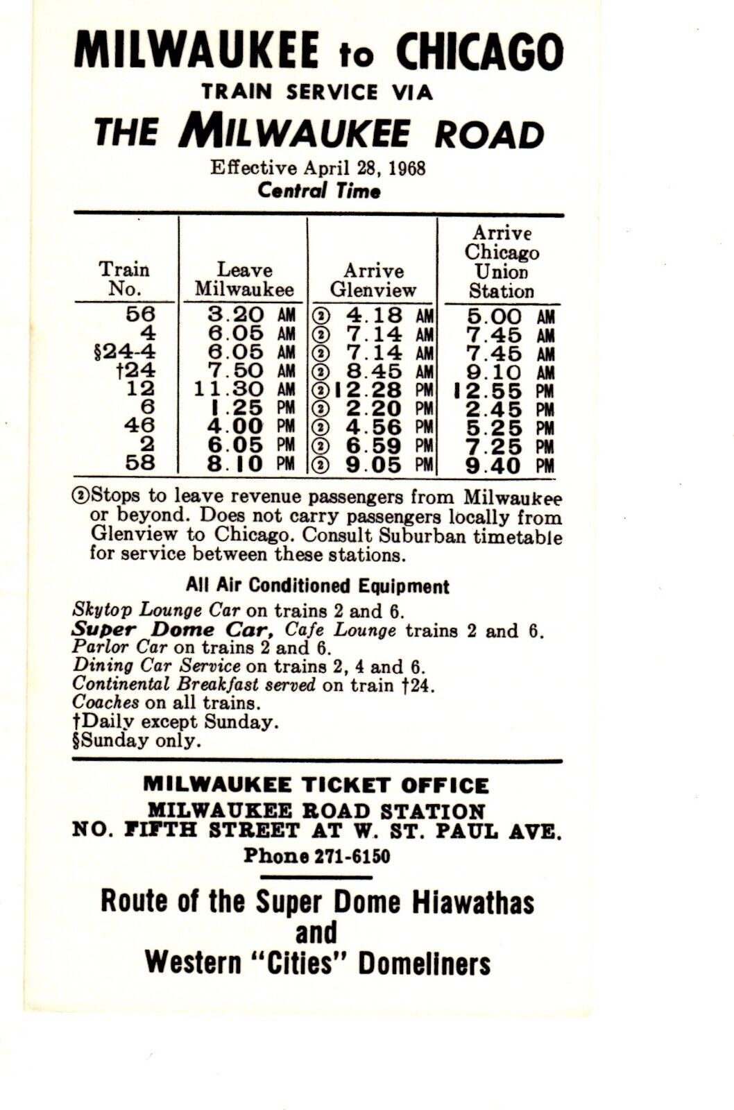 MILWAUKEE ROAD RAILROAD - CHICAGO TO MILWAUKEE TIMETABLE - 4/28/1968