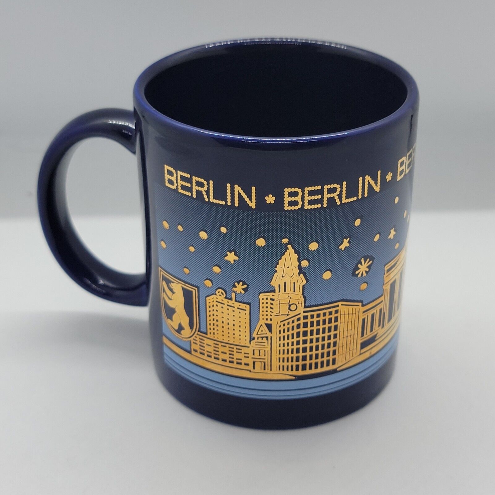 Bockling Berlin Germany Coffee Mug Skyline Print Cobalt Blue Gold Trim.