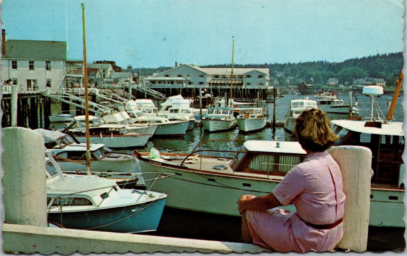 Vtg Boats Docked at Boothbay Harbor Yacht Basin Maine ME 1960s Chrome Postcard