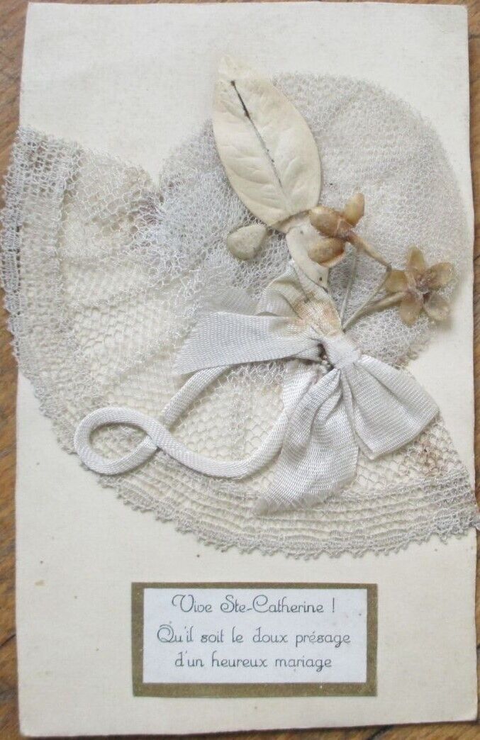Silk Bonnet 1915 Novelty French Postcard, Applied Hat, St. Catherine