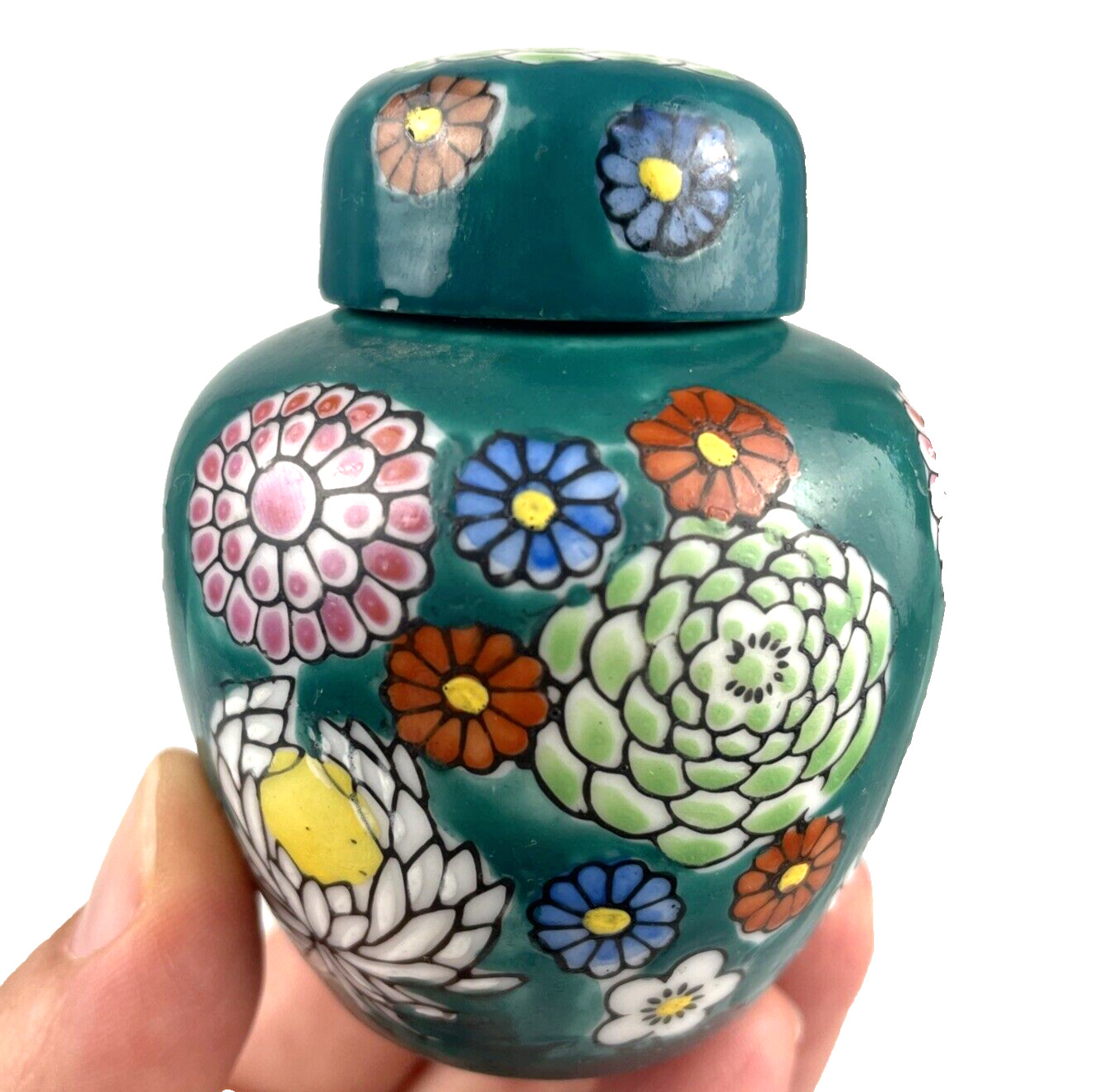 VTG Toyo Miniature Ginger Jar Green Floral Ceramic Cabinet Vase