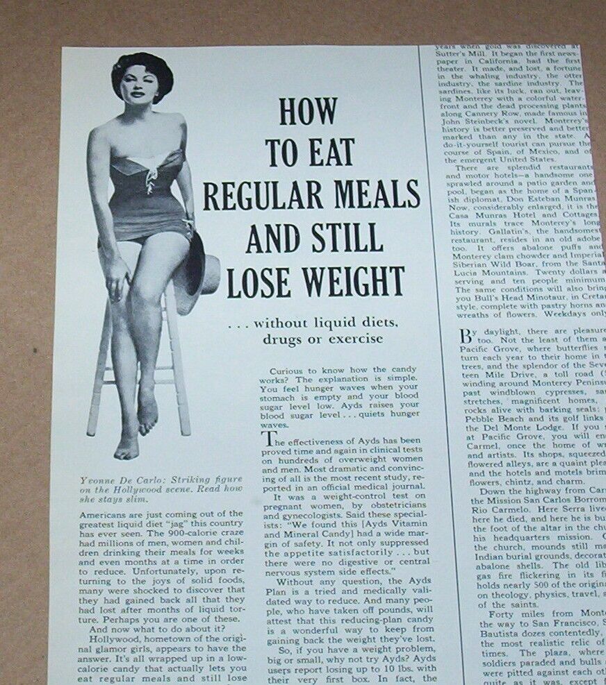 1962 print ad -YVONNE De CARLO in swimsuit promoting Ayds diet candy advertising