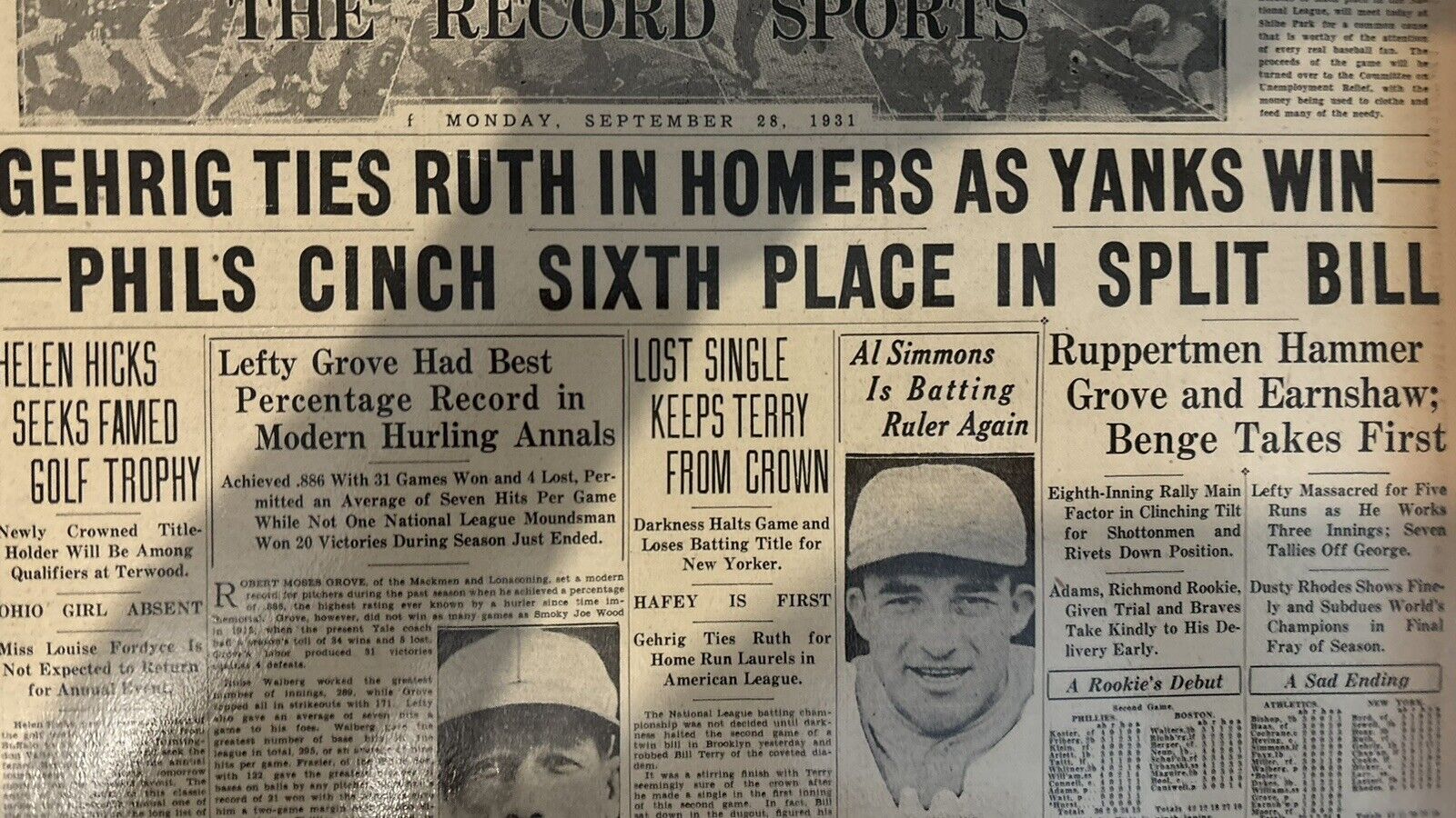 LOU GHERIG BABE RUTH 1926 Newspaper RARE 100% Original AUTHENTIC Bold Headline