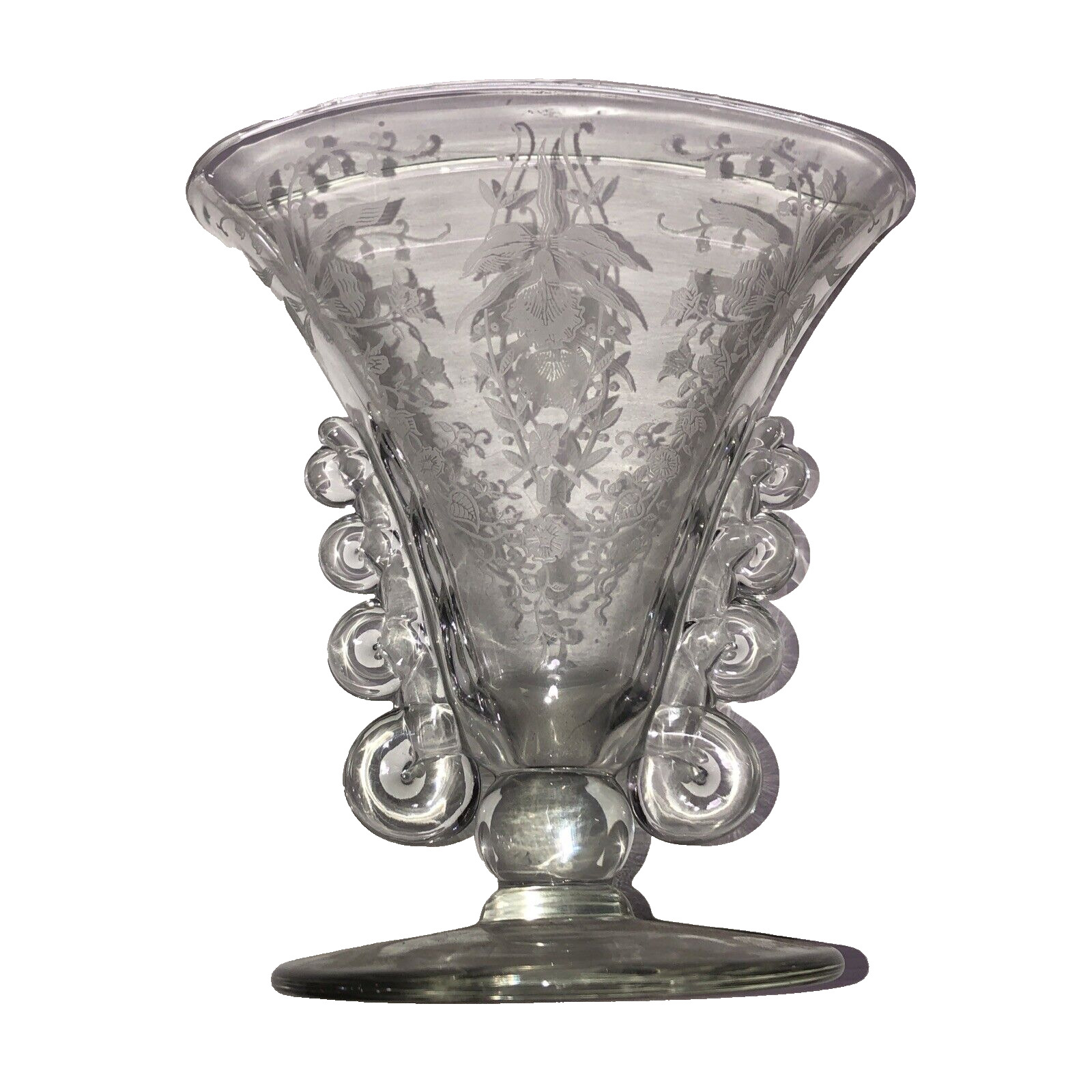 Heisey Lariat Glass Fan Vase With Orchid Etched 7 1/2\
