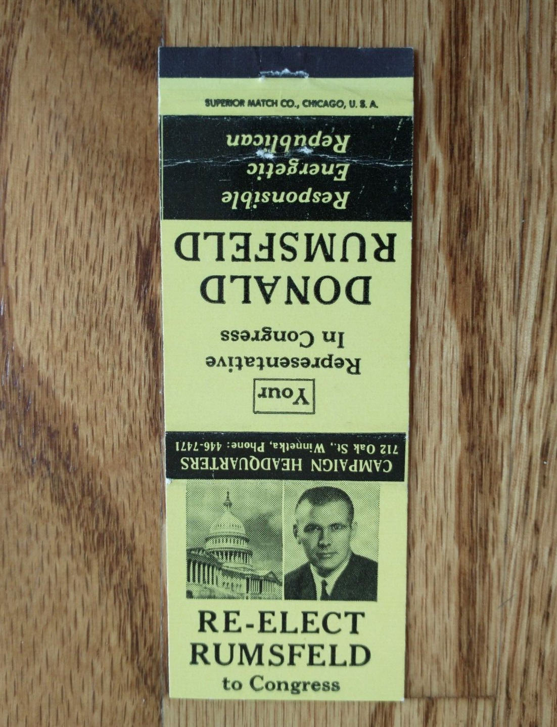 Re-Elect Donald Rumsfeld to Congress Political Vintage Matchbook Cover Niles IL