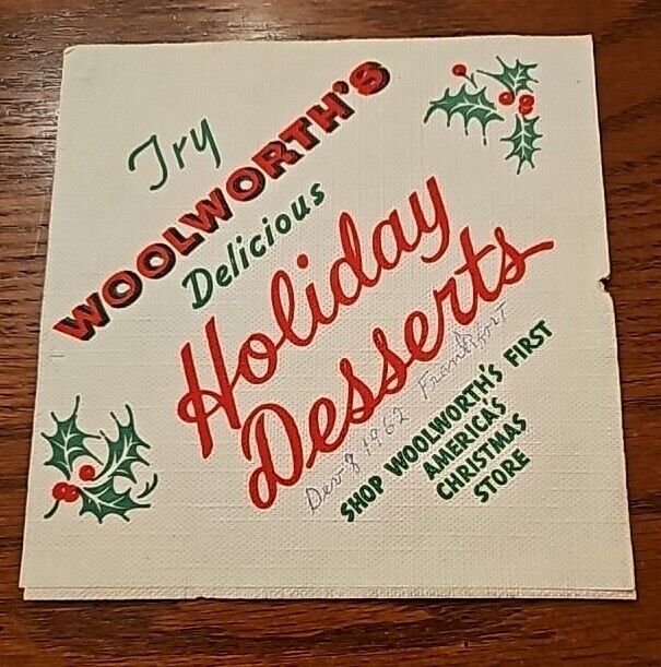 Vintage 60s Woolworth's Lunch Counter Dime Store Christmas Holiday Paper Napkin