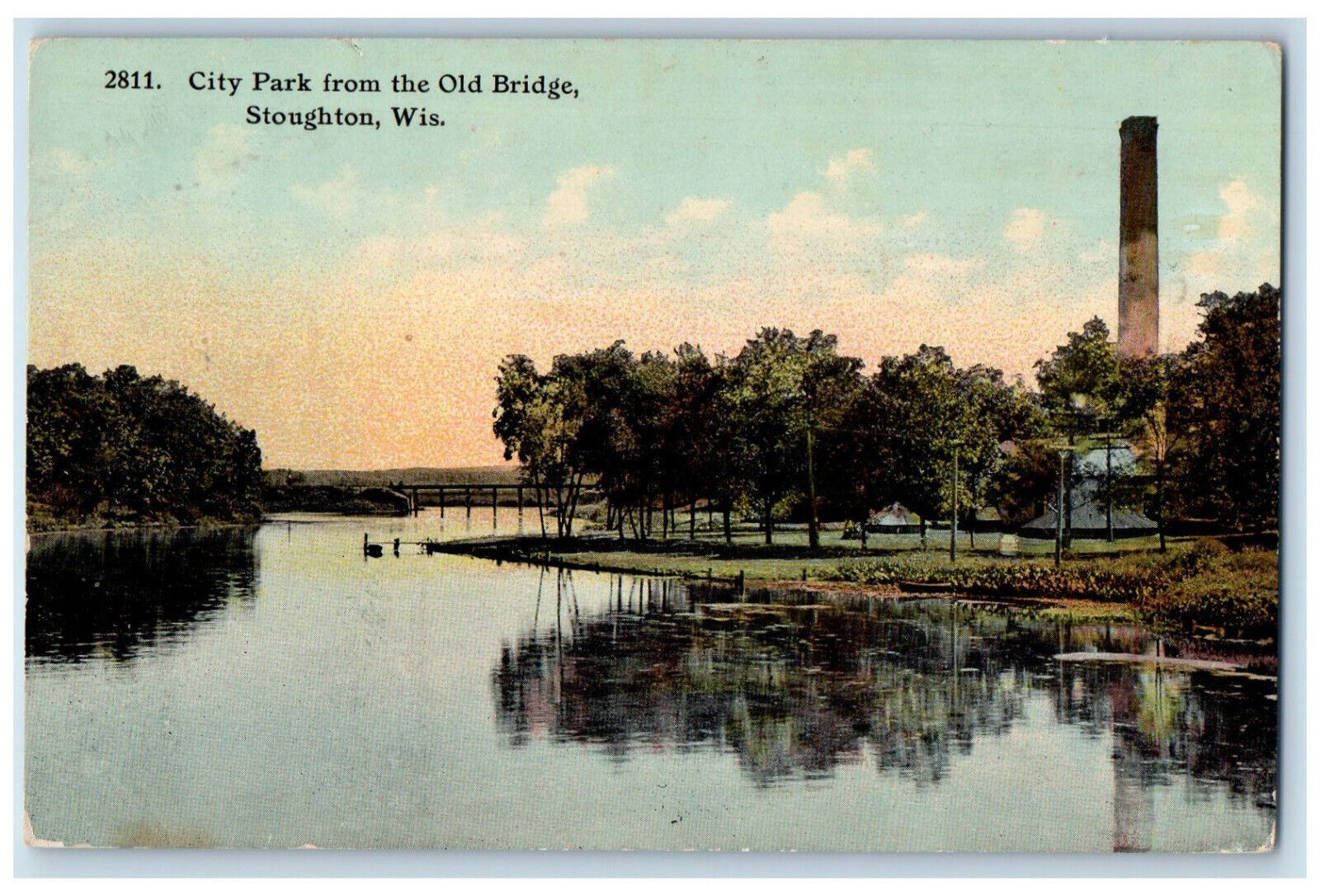 1920 City Park from the Old Bridge Stoughton Wisconsin WI Antique Postcard