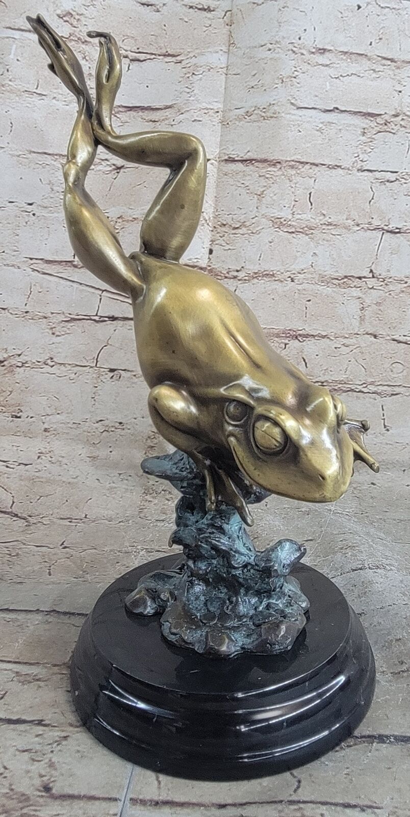Golden Patina Gilt Bronze Leaping Frog Statue Sculpture Handmade Original Art