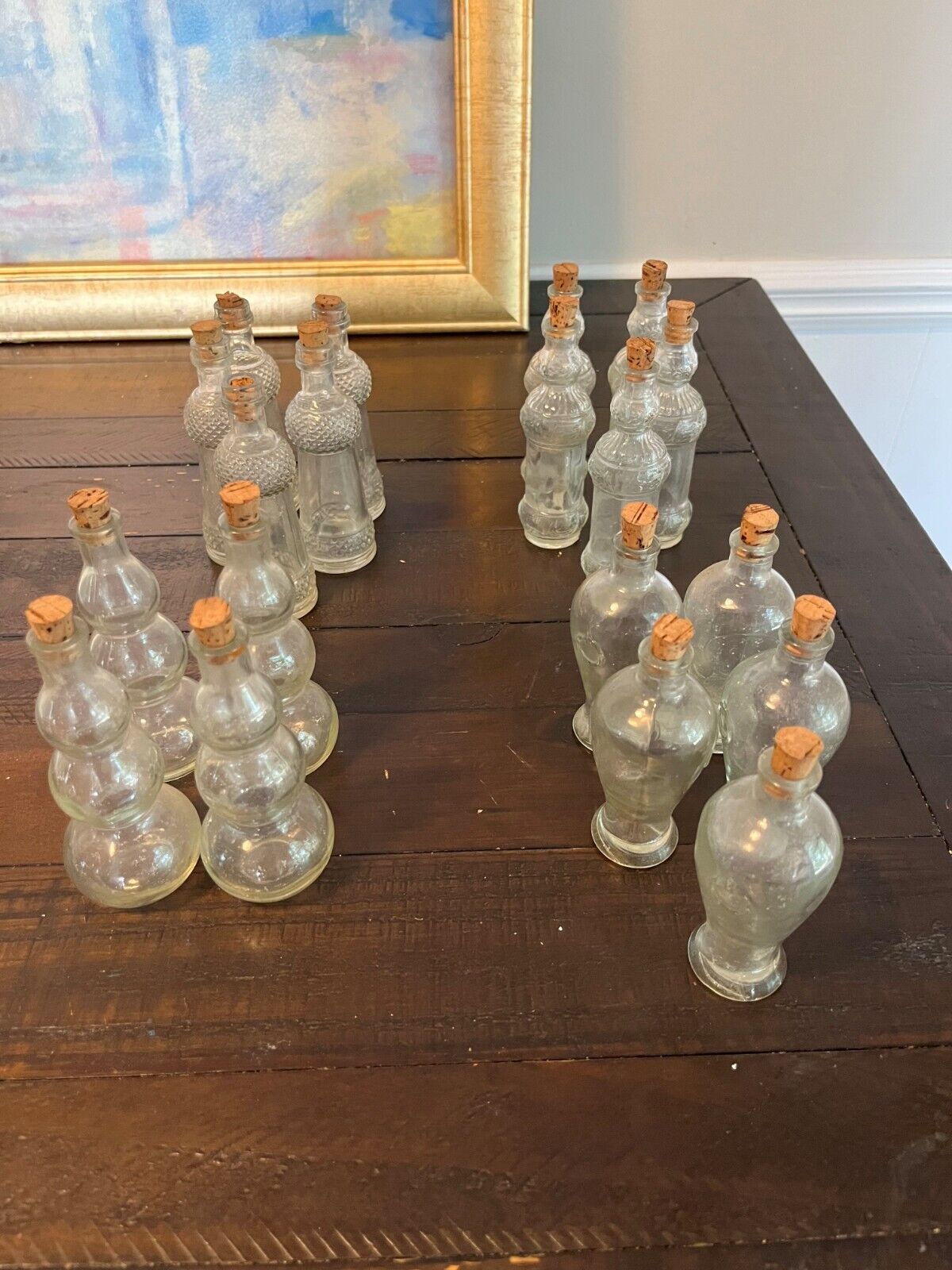 Lot of 19 Old Vintage Glass Bottles - 4 Shapes - Cork Stoppers