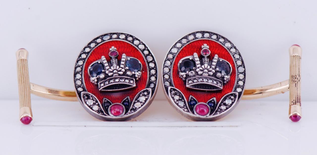 Antique Royal Empire Cufflinks 14k Gold Enamel Diamond -Award by the King c1896