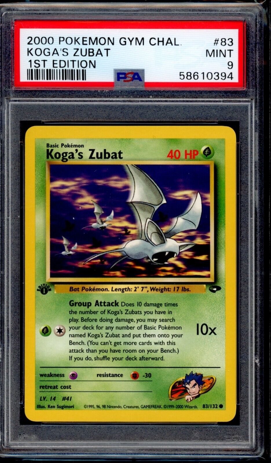 PSA 9 Koga\'s Zubat 1st Edition 2000 Pokemon Card 83/132 Gym Challenge