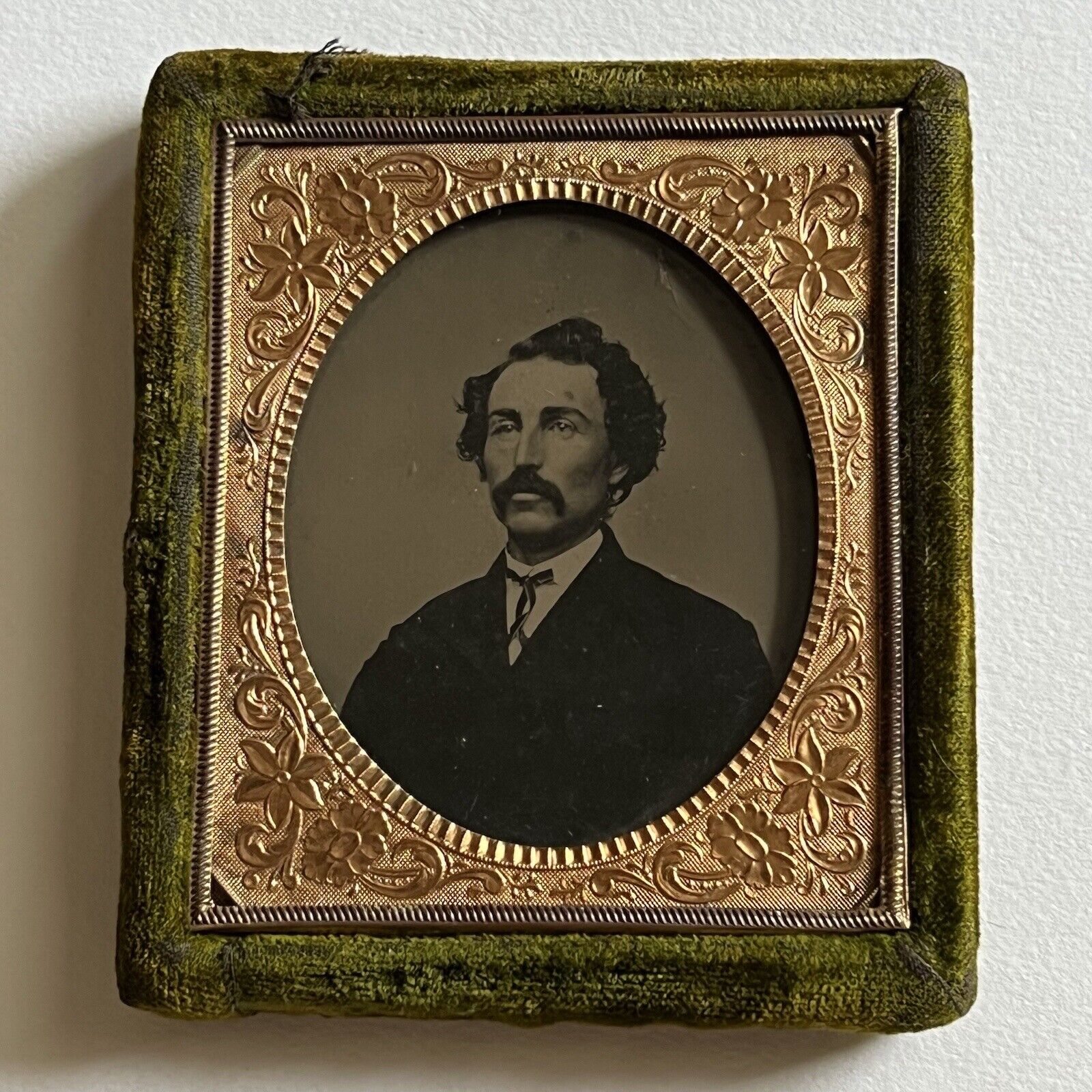 Antique Tintype Photograph Handsome Man Wonderful Hair Mustache Green Velvet