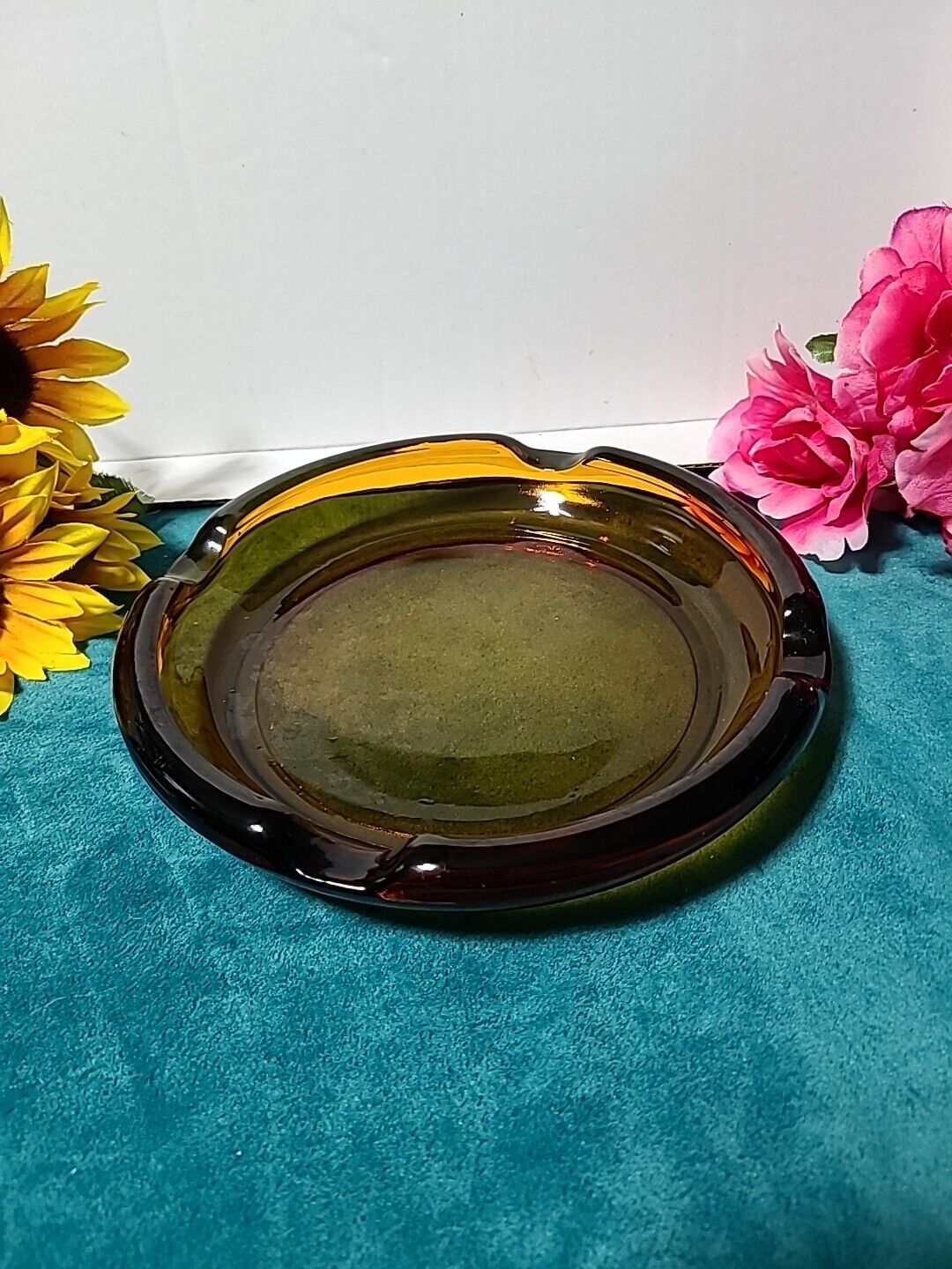 Large Vintage Round Amber Glass Ashtray 7.5 Inch Cigar Stand Size MCM