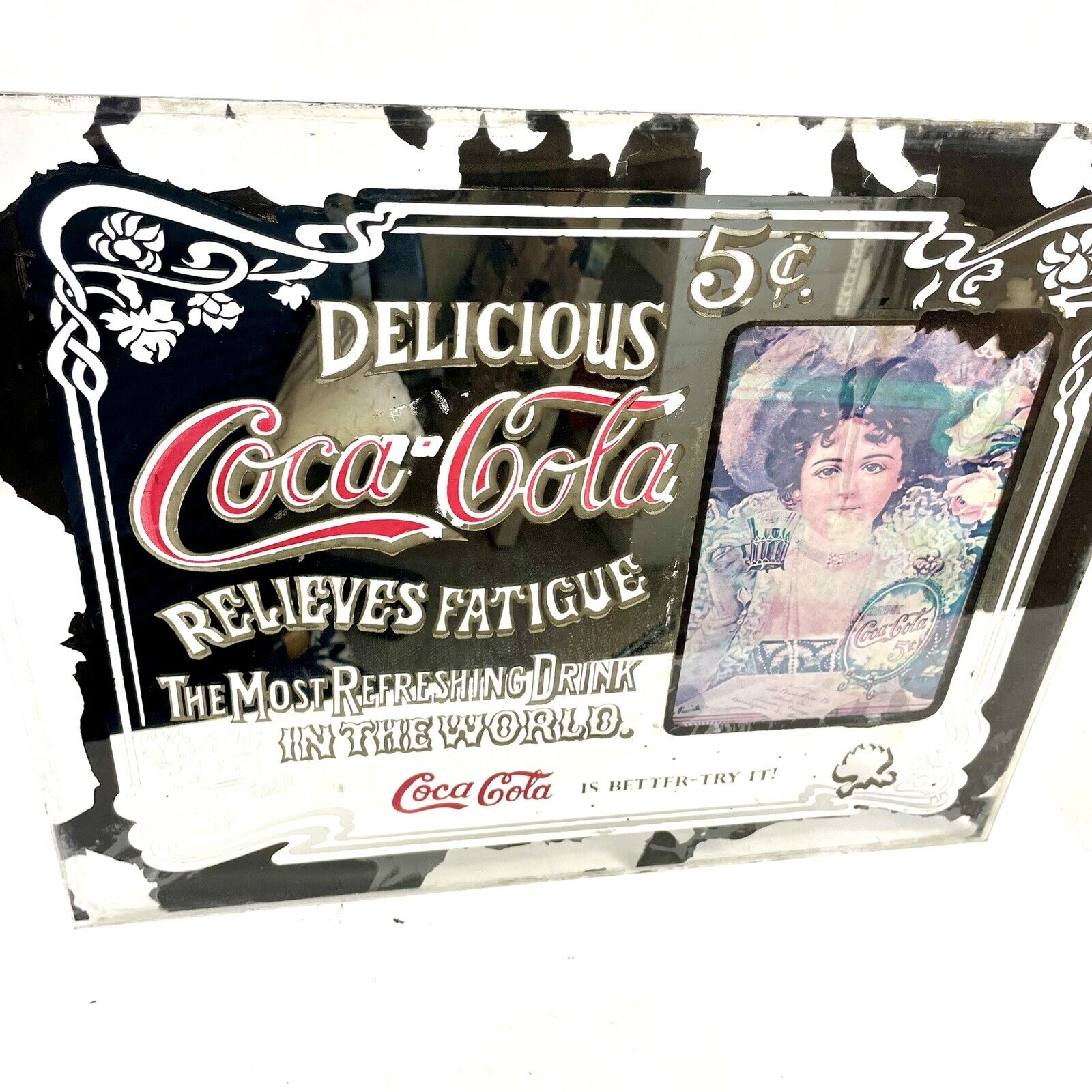 Vintage Large Coca Cola Mirror Sign Delicious Relieves Fatigue 20 X 16”