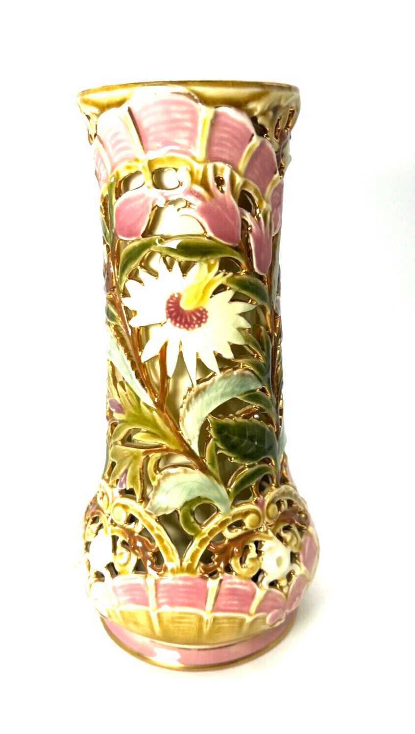 ZSOLNAY, PECS VASE  ALL OVER RETICULATED SCROLLING DECORATION FLORAL