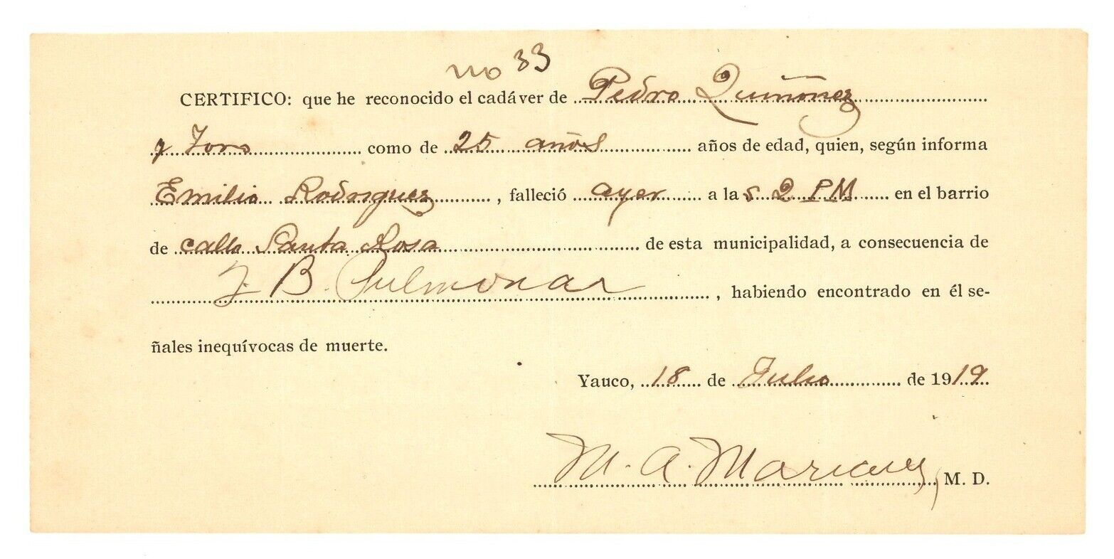 ANTIQUE DEATH CERTIFICATE / TUBERCULOSIS / YAUCO PUERTO RICO / 1919 #2