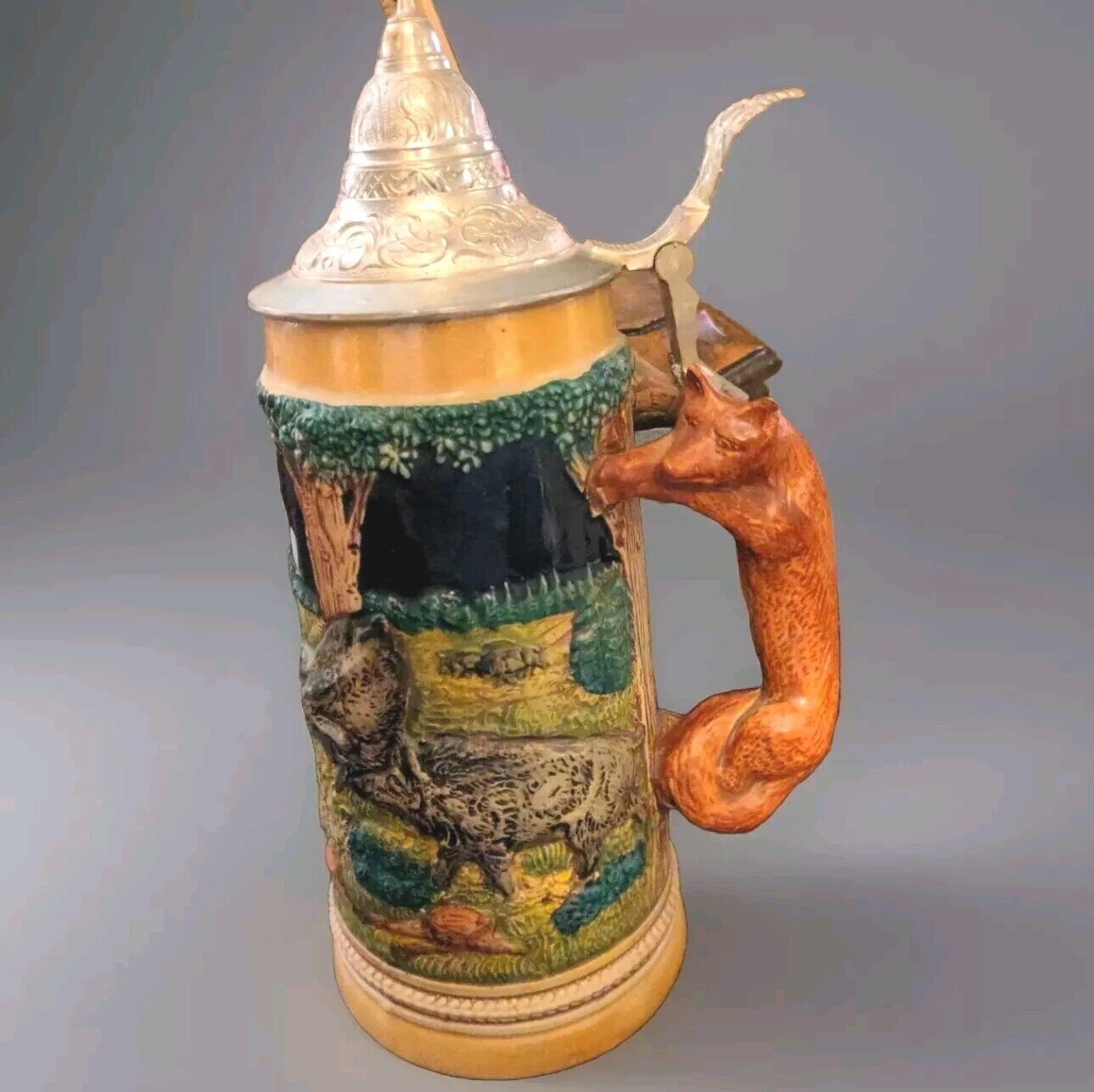 Vintage Gerz Fox Handle Hunting Lidded Beer Stein  Stag Elk Boar 3D Germany 11\
