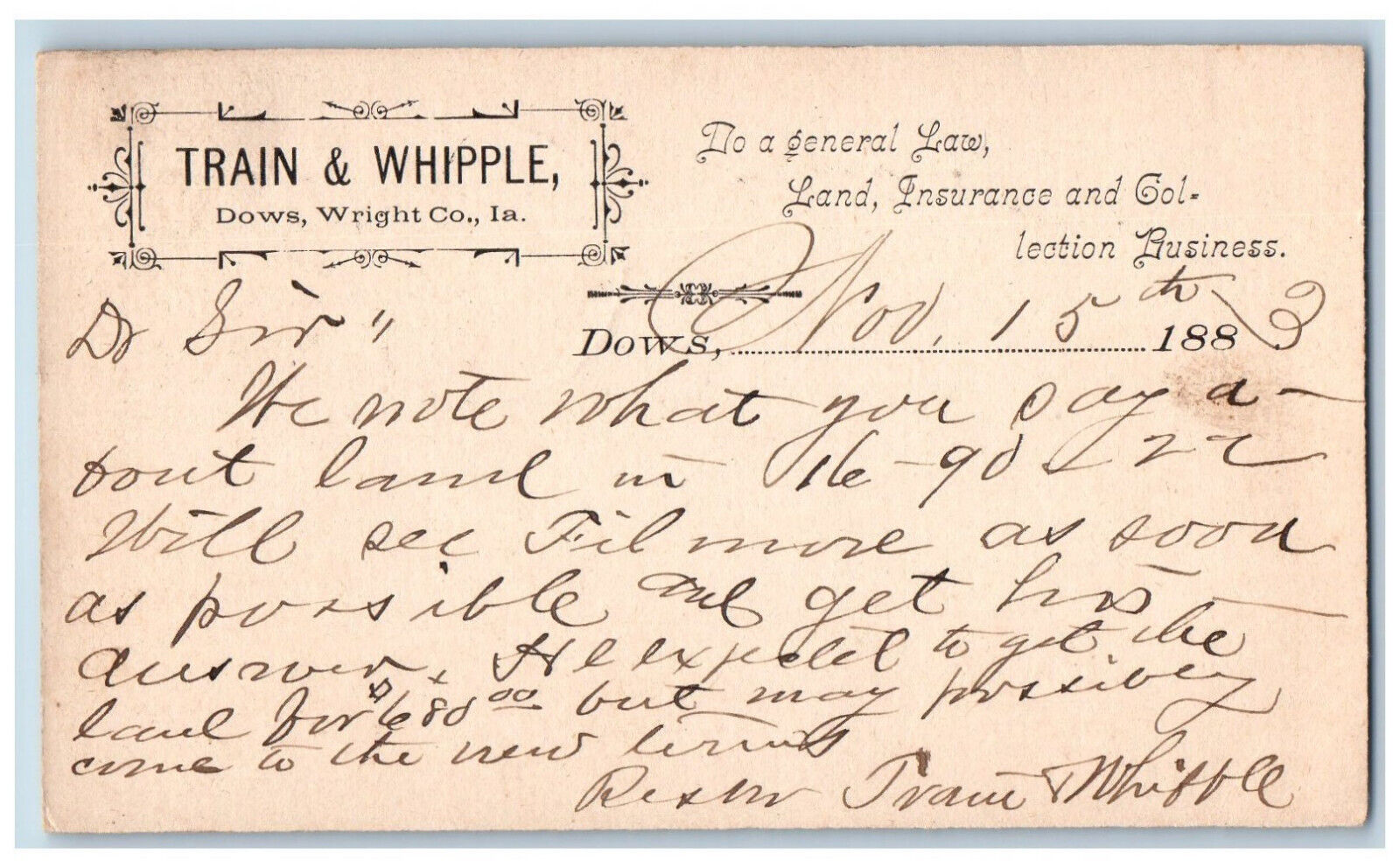 Wright Co. Iowa IA Iowa Falls IA Postal Card Train & Whipple Dows 1883 Posted