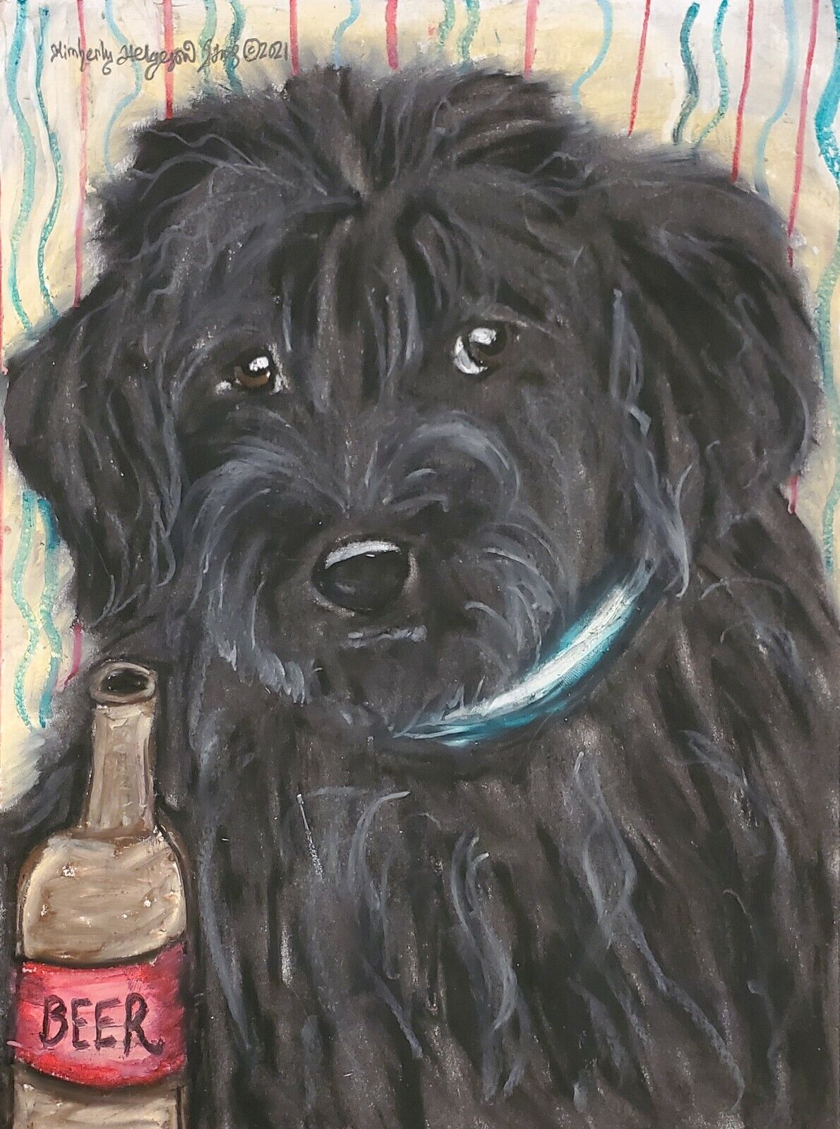 5x7 Black LABRADOODLE Drinking a Beer Dog Art PRINT of Painting Artwork by KSams