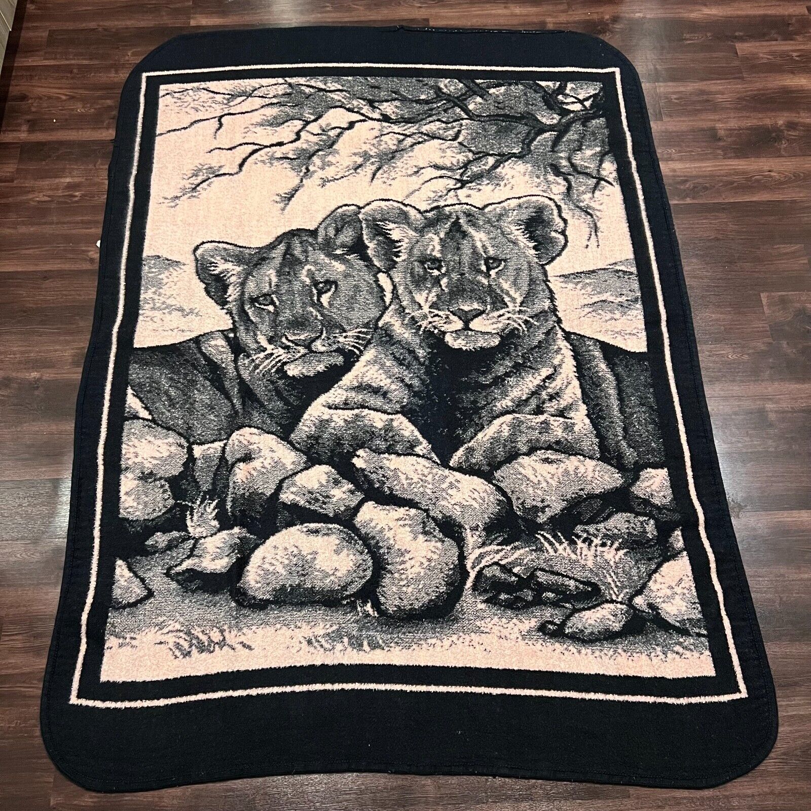 Vintage San Marcos Blanket Black Lion Print Reversible Mexican Cobija 63x85 Inch