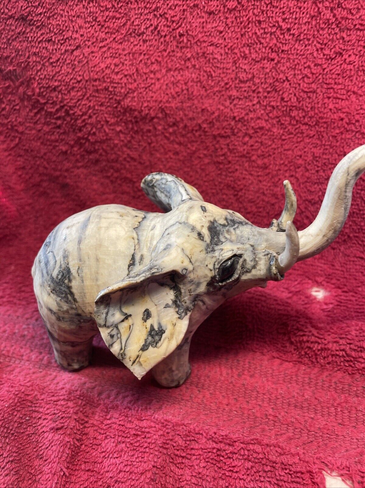 Vintage Crushed Oyster Shell Elephant Figurine 6” Long x 3.5” Tall Trunk up