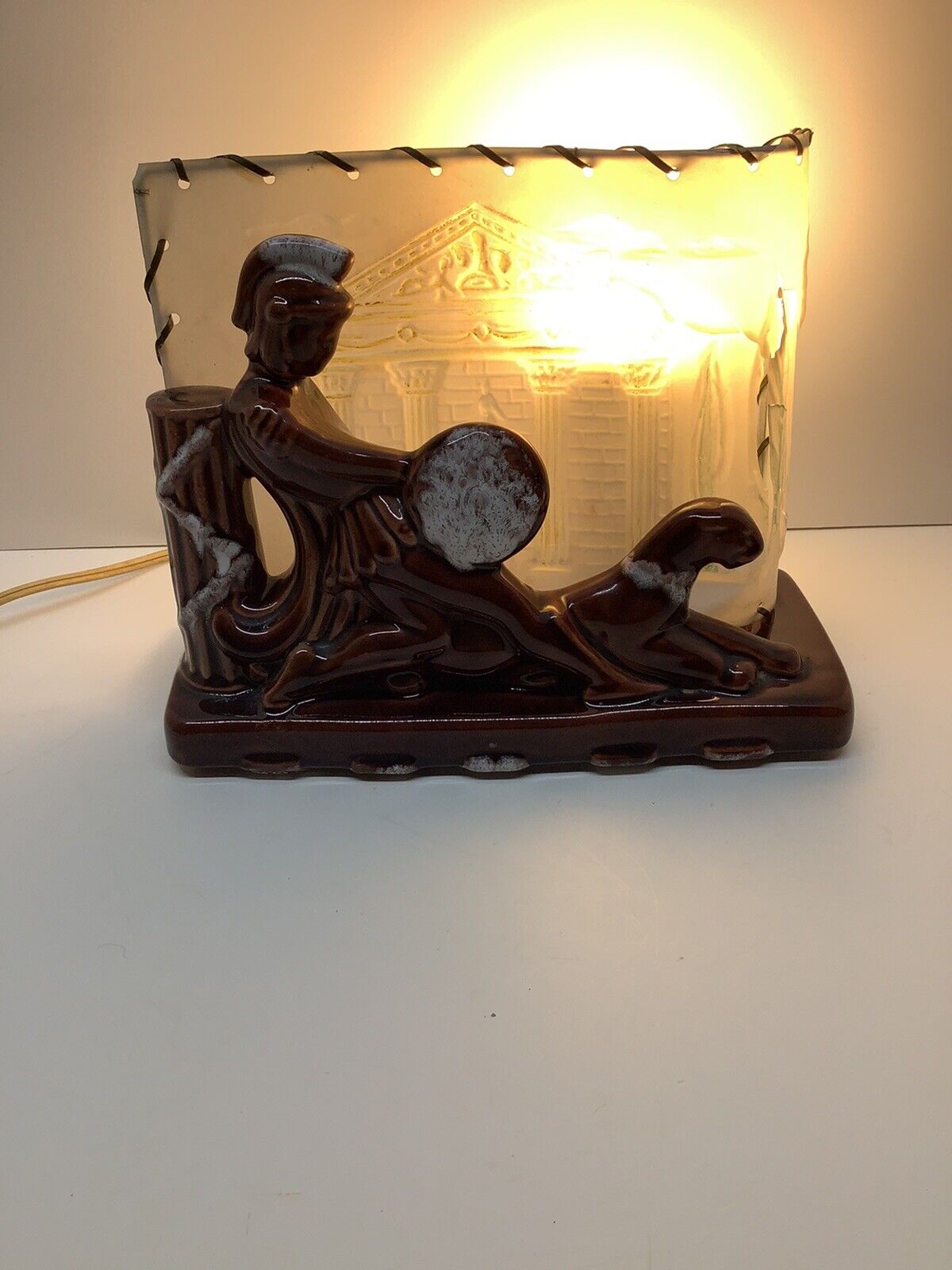 Rare Mid-Century ceramic TV lamp Roman Soldier Gladiator w/ original shade &cord