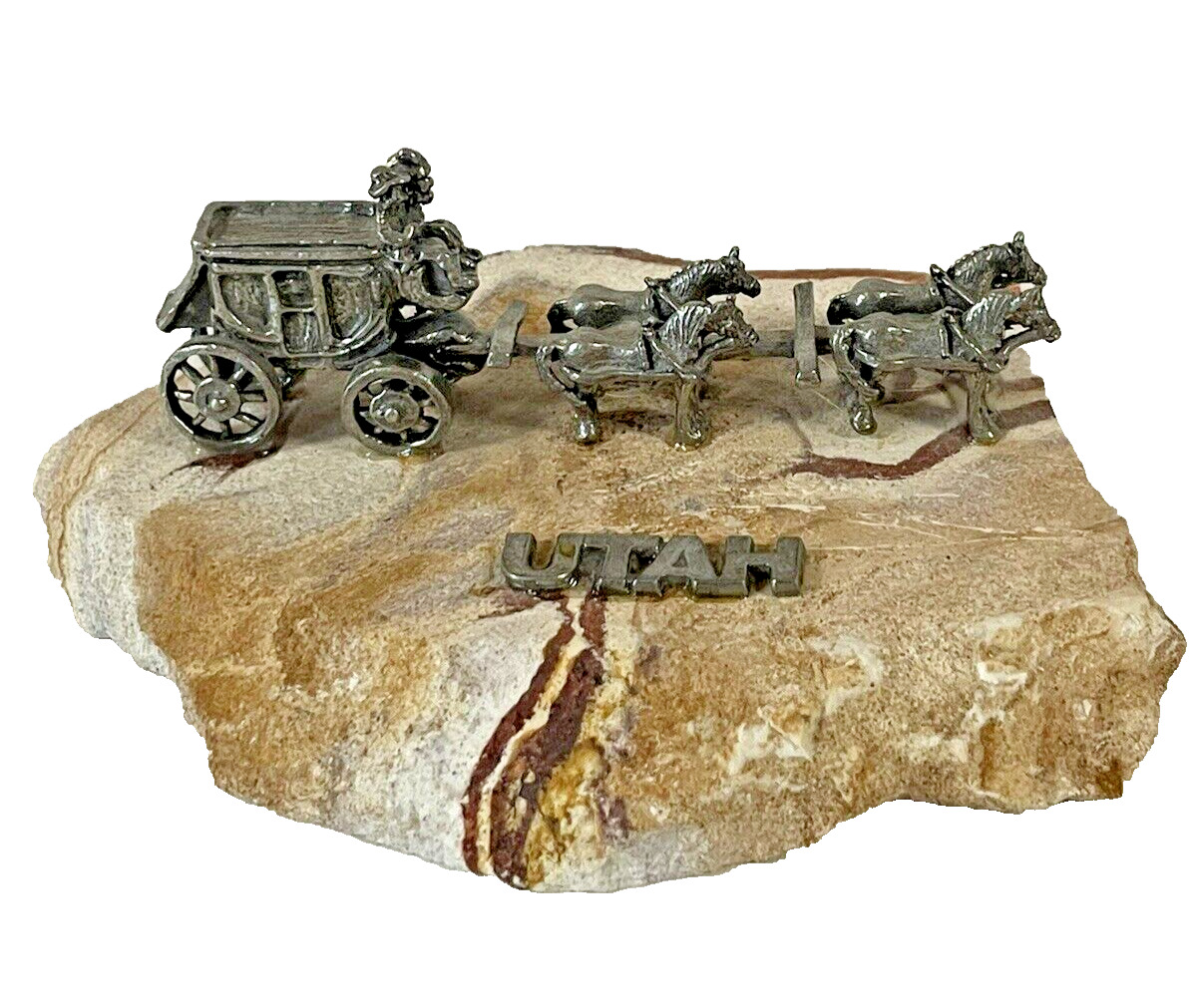 Utah Pewter Stagecoach Horse Drawn Wagon on Native Stone Souveneir 118044