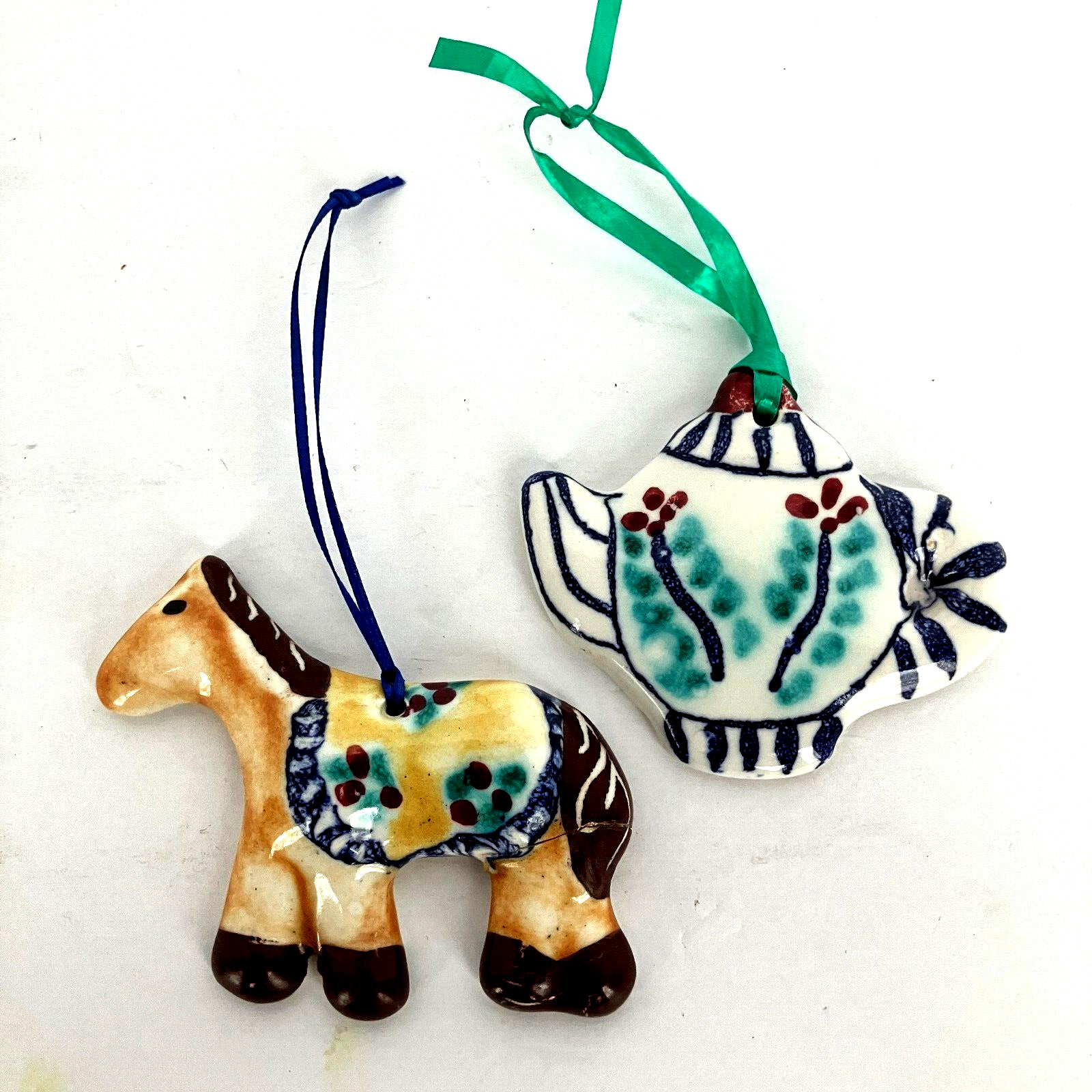 Studio Art Pottery Hand Painted Glazed +Clay Ornaments Pony and Teapot Set of 2