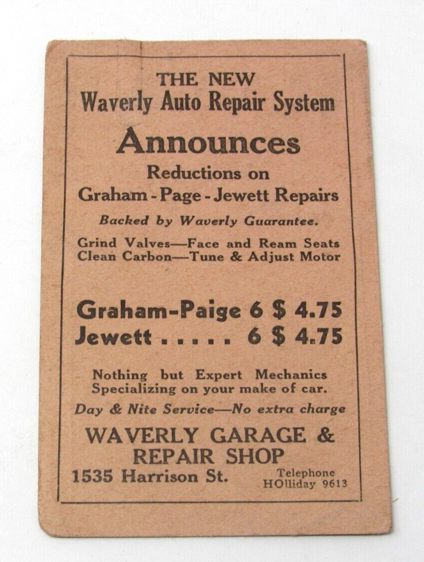Berkeley CA Waverly Garage Auto Repair Shop Trade Card 1535 Harrison St. c1920s